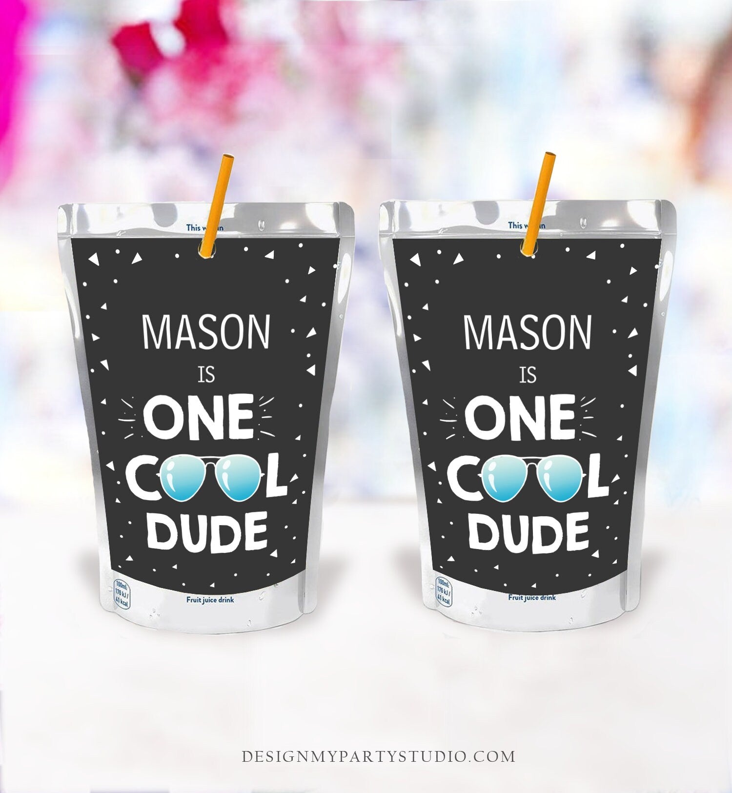 Editable One Cool Dude Capri Sun Label Boy First Birthday 1st Dude Sunglasses Juice Pouch Pack Label Download Corjl Template Printable 0136