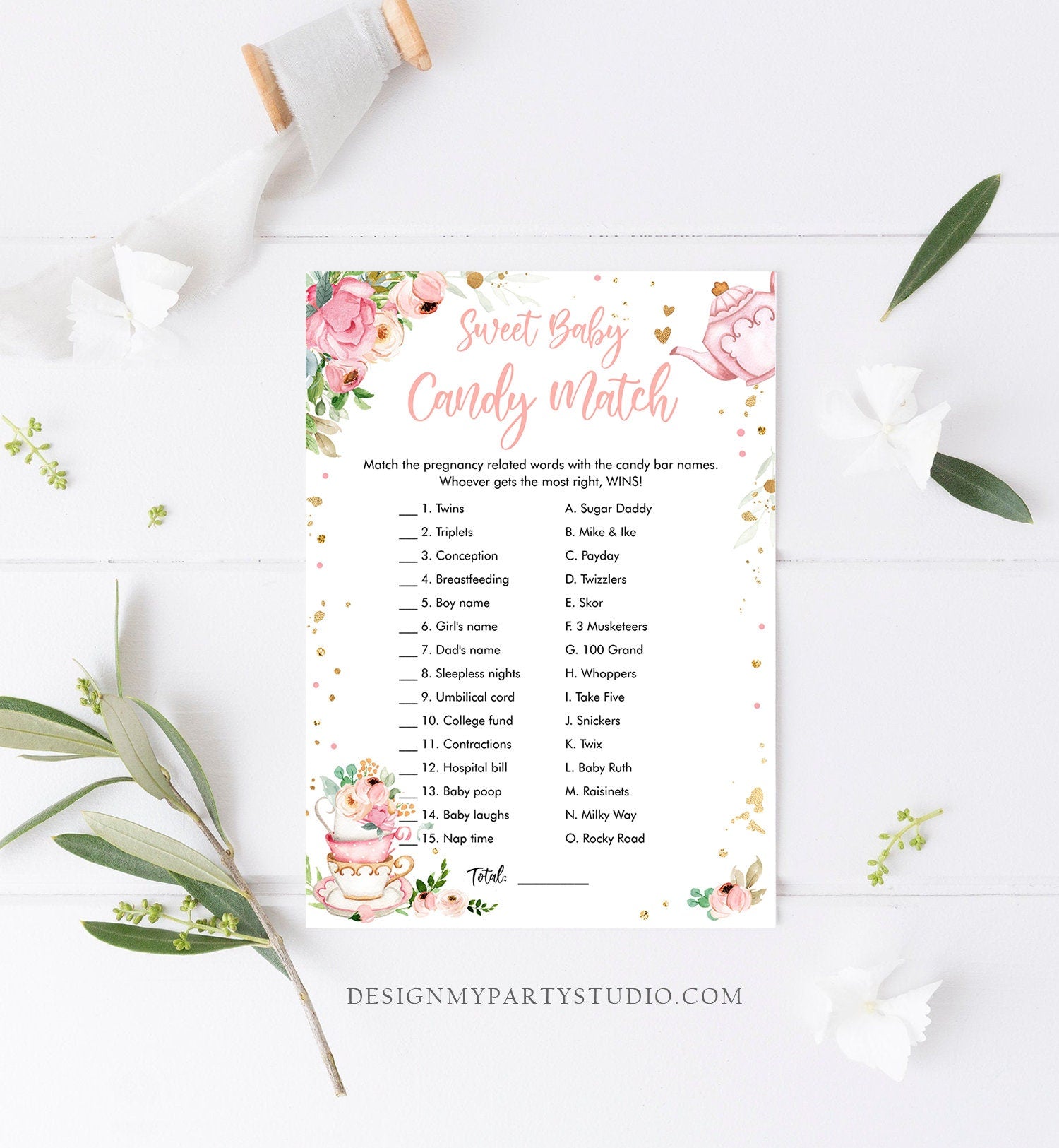 Editable Candy Match Baby Shower Game Sweet Baby Tea Party Baby is Brewing Game Pink Candy Bars Activity Corjl Template Printable 0349