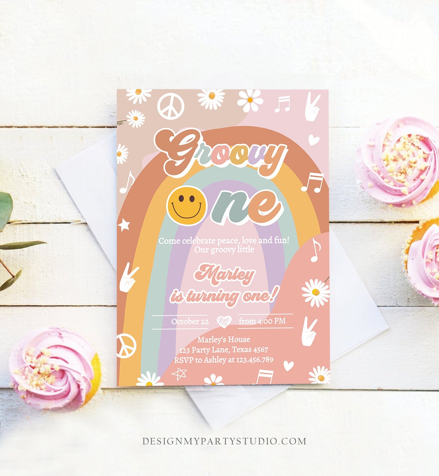 Editable Groovy One Retro 1st Birthday Invitation Peace Love Party Floral 70s Flower Power Festival Download Template Corjl Digital 0432