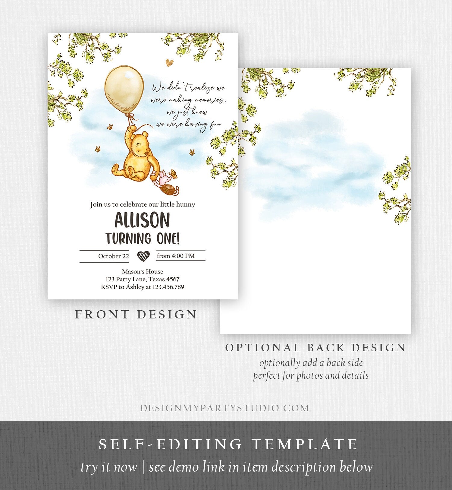 Editable Winnie The Pooh Invitation Gender Neutral Rustic Classic Winnie The Pooh 1st Birthday Invite Digital Corjl Template Printable 0425