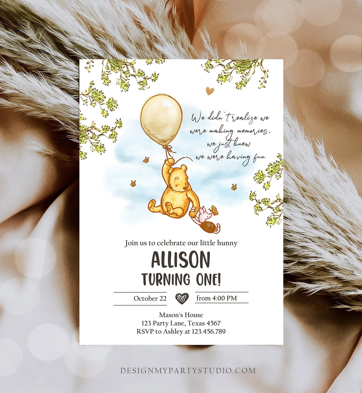 Editable Winnie The Pooh Invitation Gender Neutral Rustic Classic Winnie The Pooh 1st Birthday Invite Digital Corjl Template Printable 0425