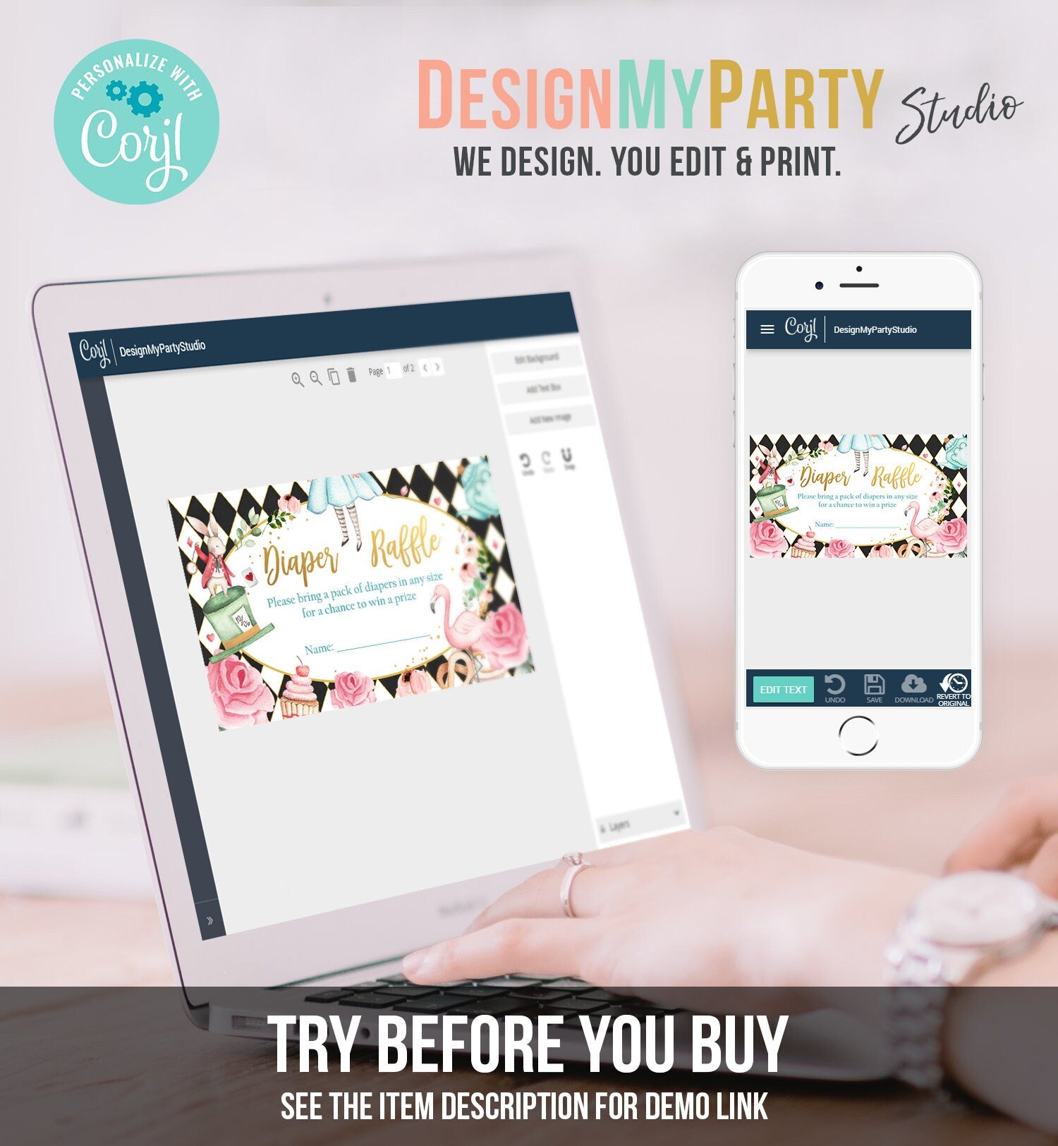 Editable Diaper Raffle Ticket Diaper Game Card Alice in Wonderland Baby Shower Insert Alice Shower Download Template Corjl PRINTABLE 0350