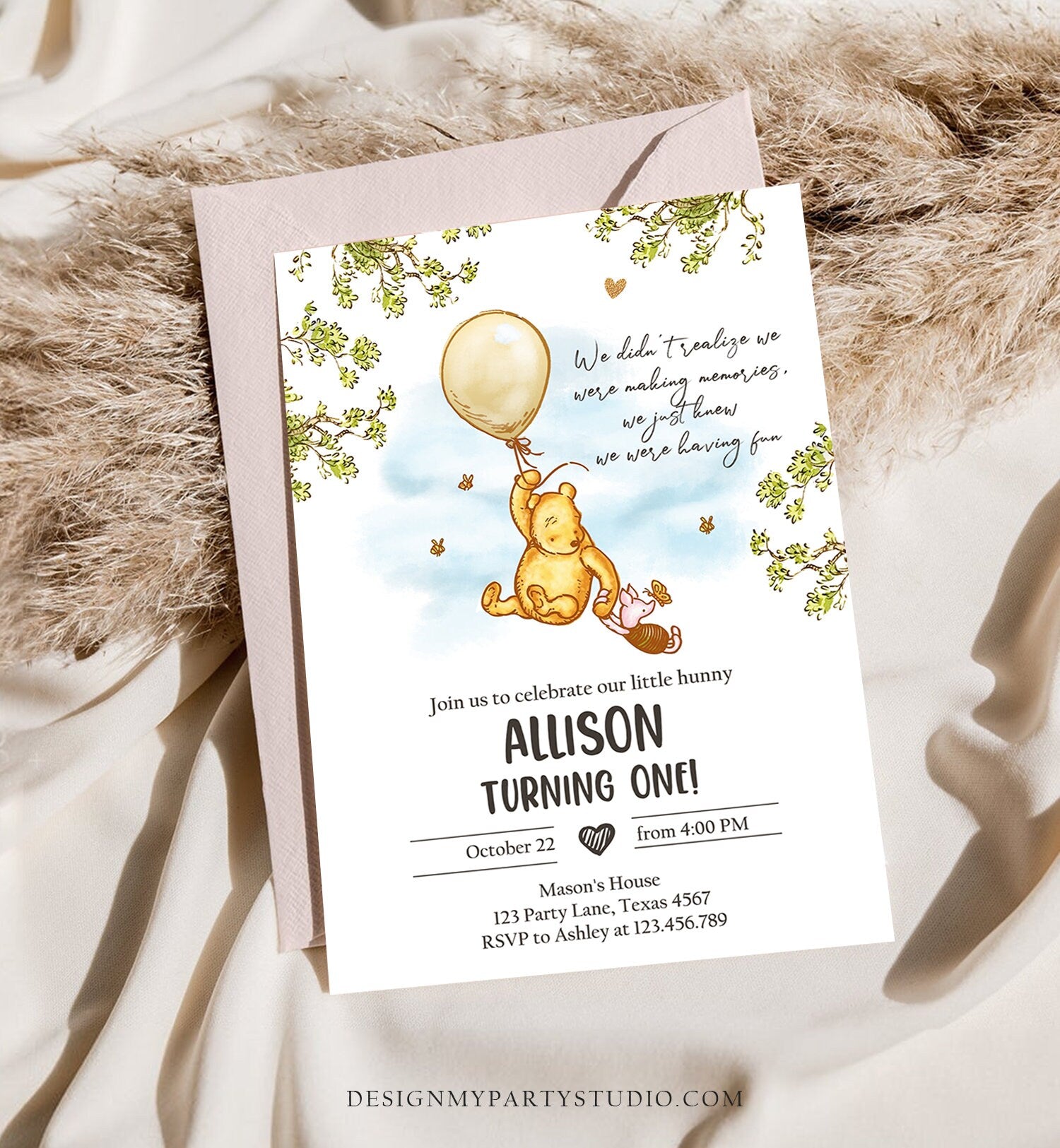 Editable Winnie The Pooh Invitation Gender Neutral Rustic Classic Winnie The Pooh 1st Birthday Invite Digital Corjl Template Printable 0425