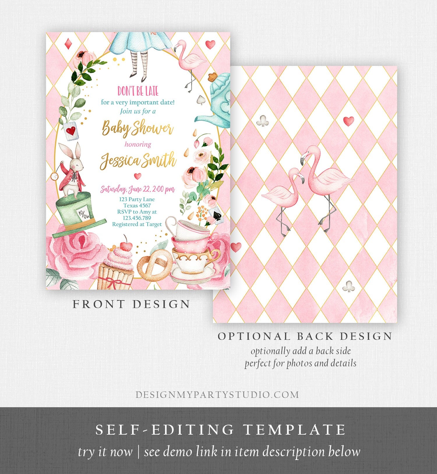 Editable Alice In Wonderland Baby Shower Invitation Girl Baby Shower Mad Hatter Tea Party Sprinkle Printable Template Corjl Digital 0350