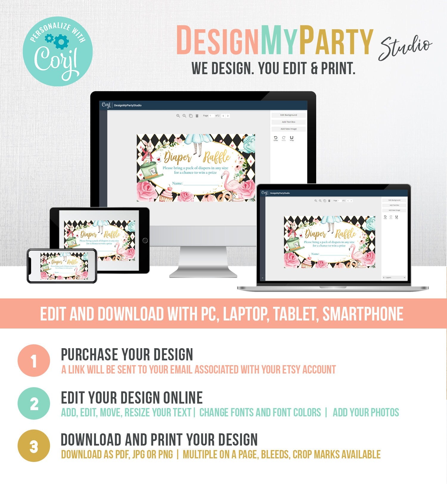 Editable Diaper Raffle Ticket Diaper Game Card Alice in Wonderland Baby Shower Insert Alice Shower Download Template Corjl PRINTABLE 0350