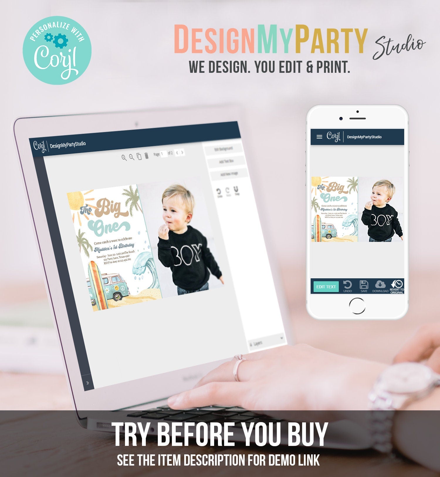 Editable The Big One Surf 1st Birthday Invitation Retro Surfboard Beach Party Wave Surfer Boho Invite Download Template Corjl Digital 0433
