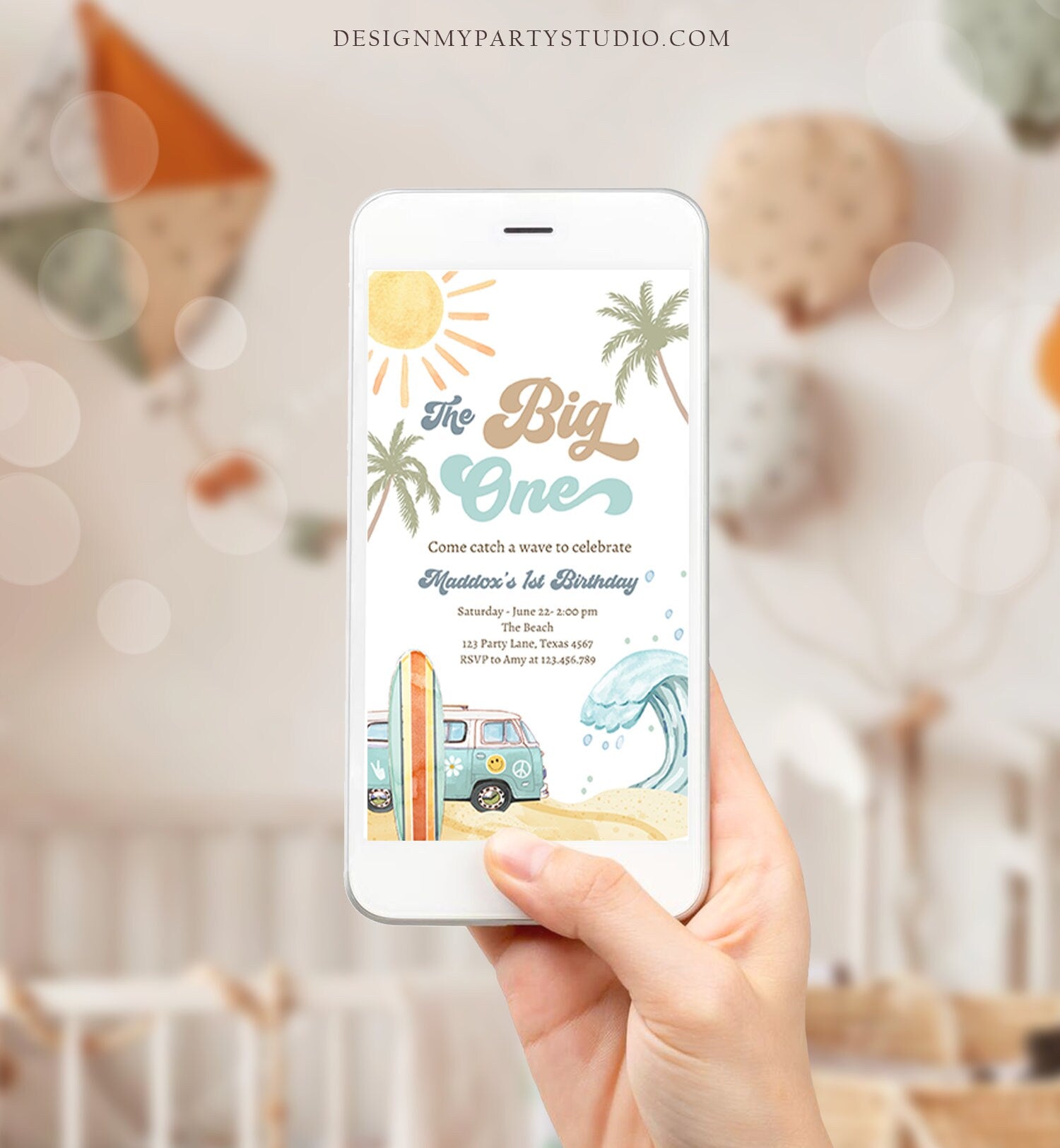 Editable The Big One Surf 1st Birthday Evite Retro Surfboard Beach Party Wave Surfer Boho Invite Phone Download Template Corjl Digital 0433