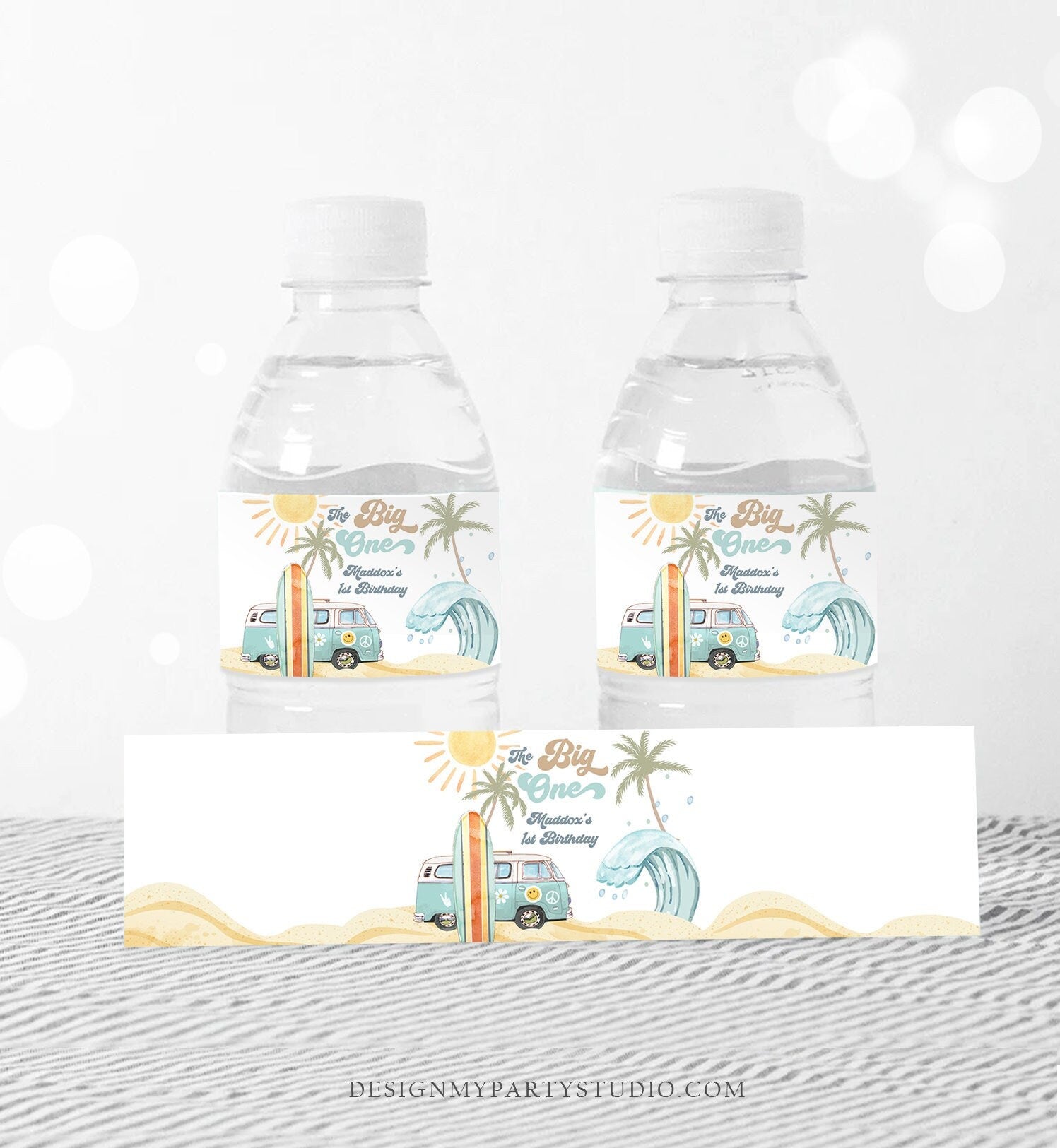 Editable Surf Water Bottle Labels The Big One Party Decor Surf 1st Birthday Retro Boy Surfboard Labels Instant Printable Template Corjl 0433