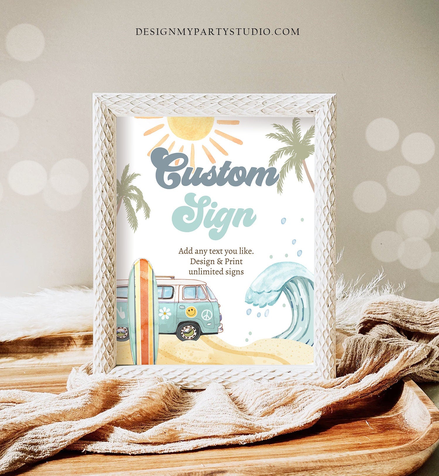 Editable Custom Sign Surf Birthday Party Sign Boy The Big One Surf's Up Birthday Sign Beach Party Retro Wave Template Corjl PRINTABLE 0433