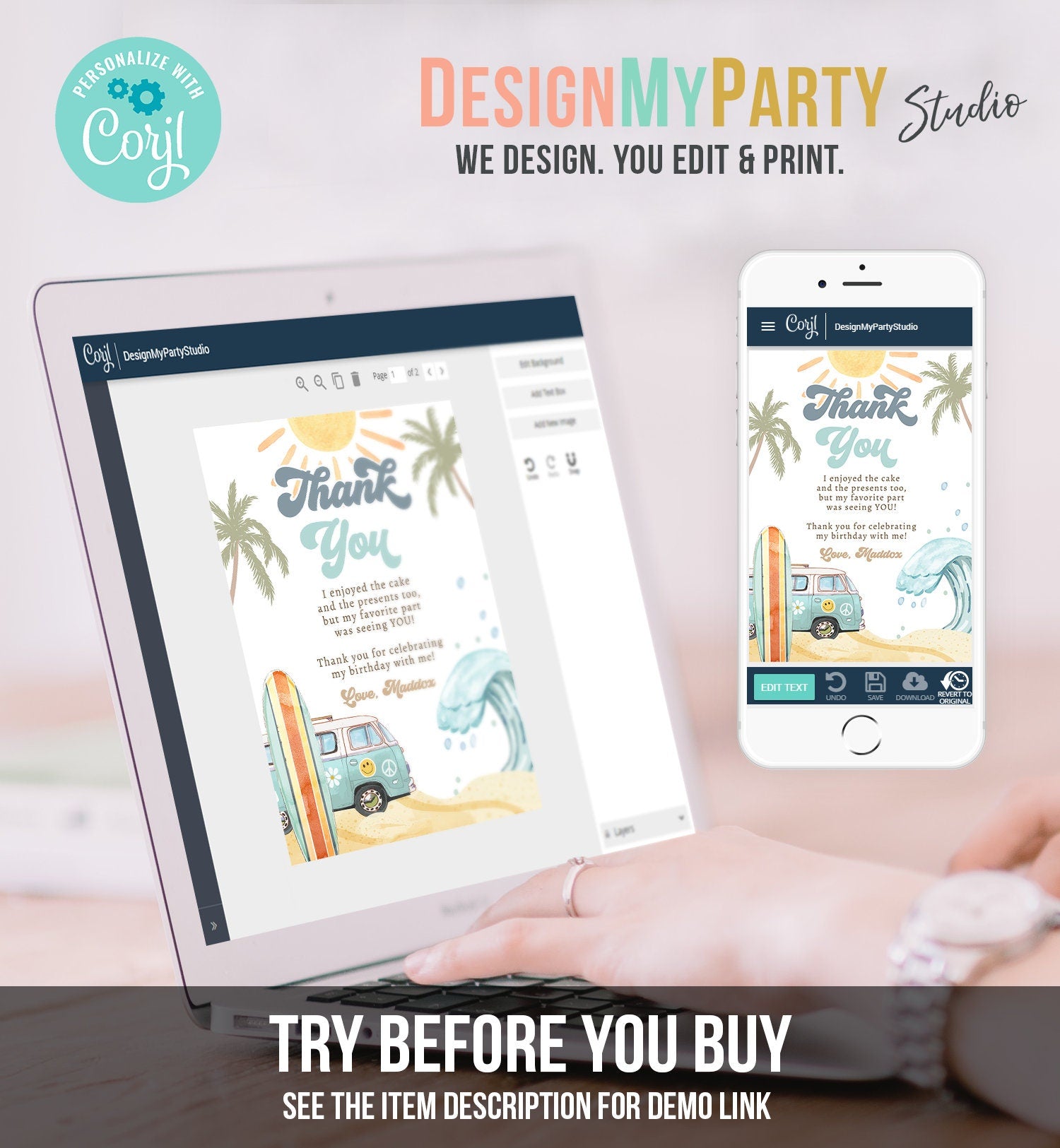 Editable Surf Thank You Card Surfboard 1st Birthday Thank Your Note Retro Boy Beach Party Wave Surfer Download Template Corjl Digital 0433