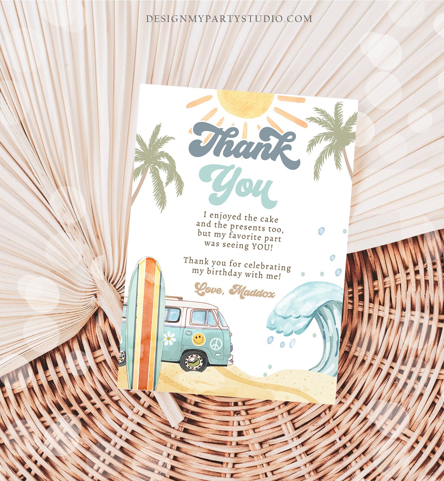 Editable Surf Thank You Card Surfboard 1st Birthday Thank Your Note Retro Boy Beach Party Wave Surfer Download Template Corjl Digital 0433