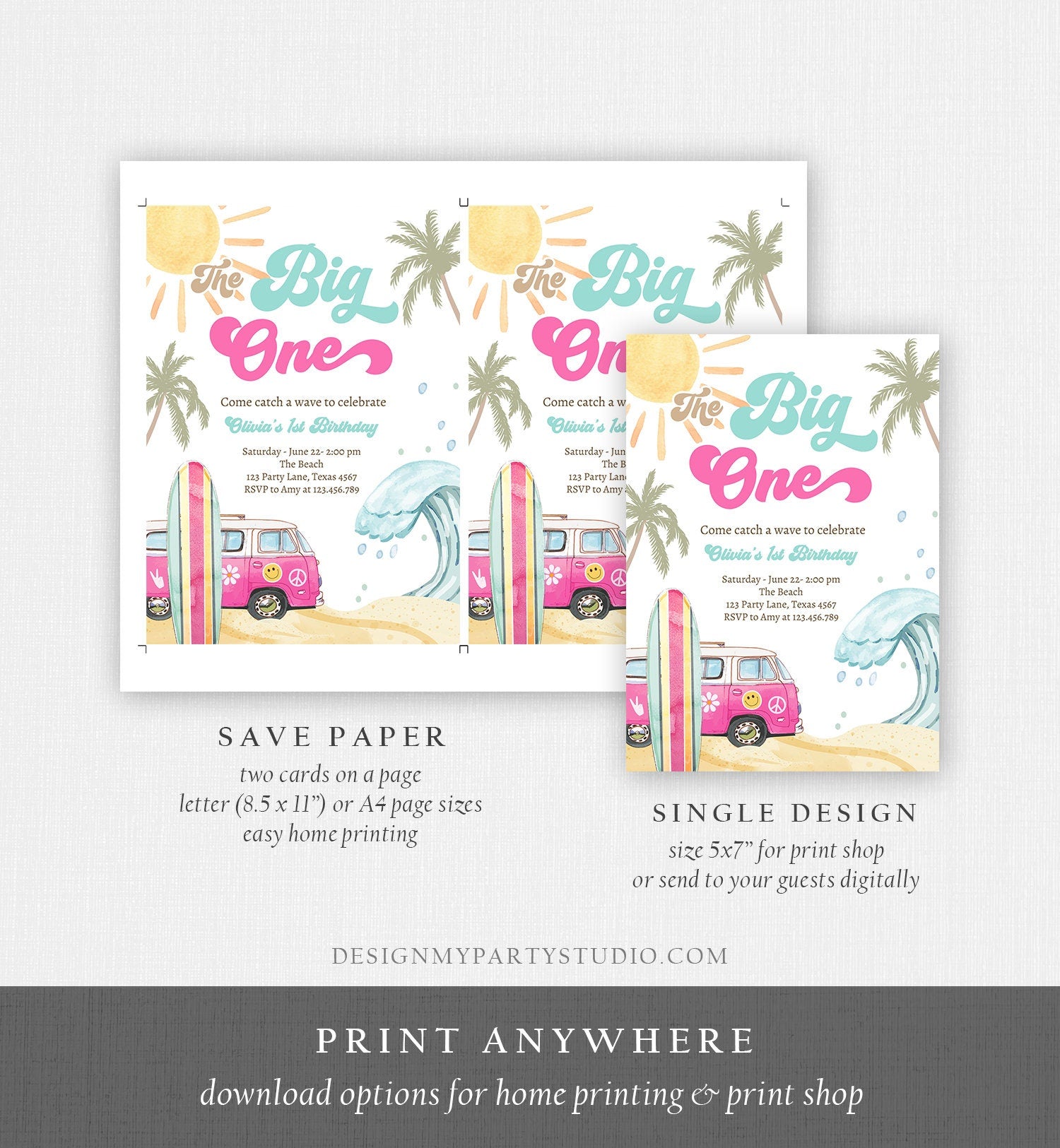 Editable The Big One Surf 1st Birthday Invite Girl Retro Surfboard Beach Party Wave Surfer Boho Invite Download Template Corjl Digital 0433