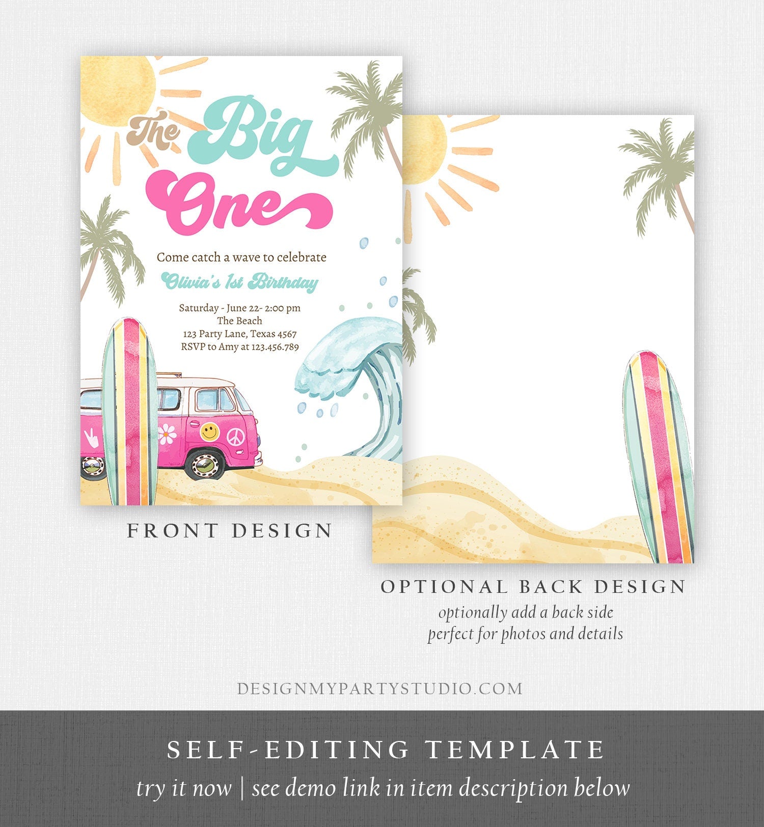 Editable The Big One Surf 1st Birthday Invite Girl Retro Surfboard Beach Party Wave Surfer Boho Invite Download Template Corjl Digital 0433