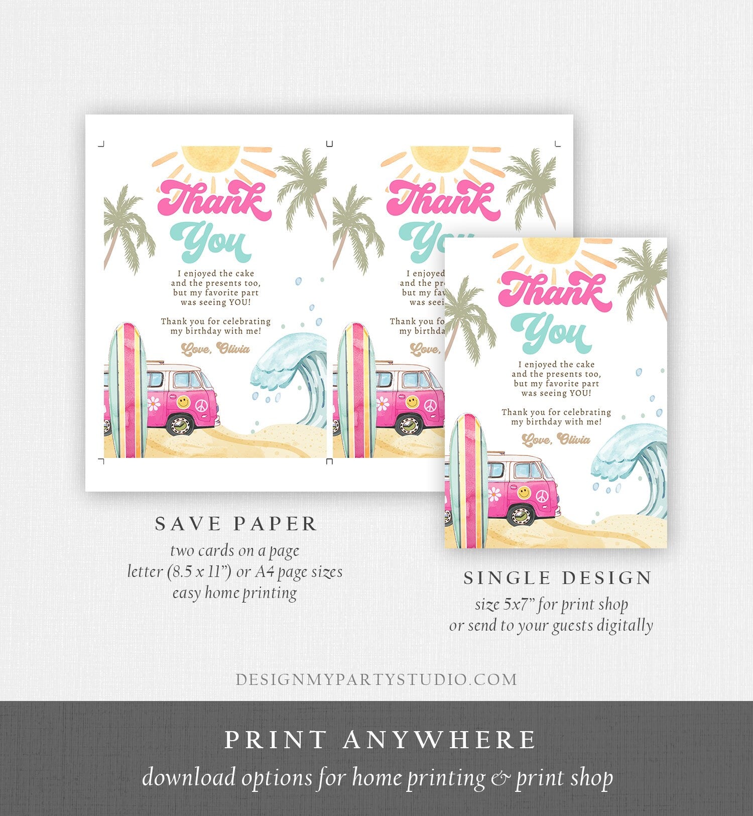 Editable Surf Thank You Card Surfboard 1st Birthday Thank Your Note Retro Girl Beach Party Wave Pink Download Template Corjl Digital 0433