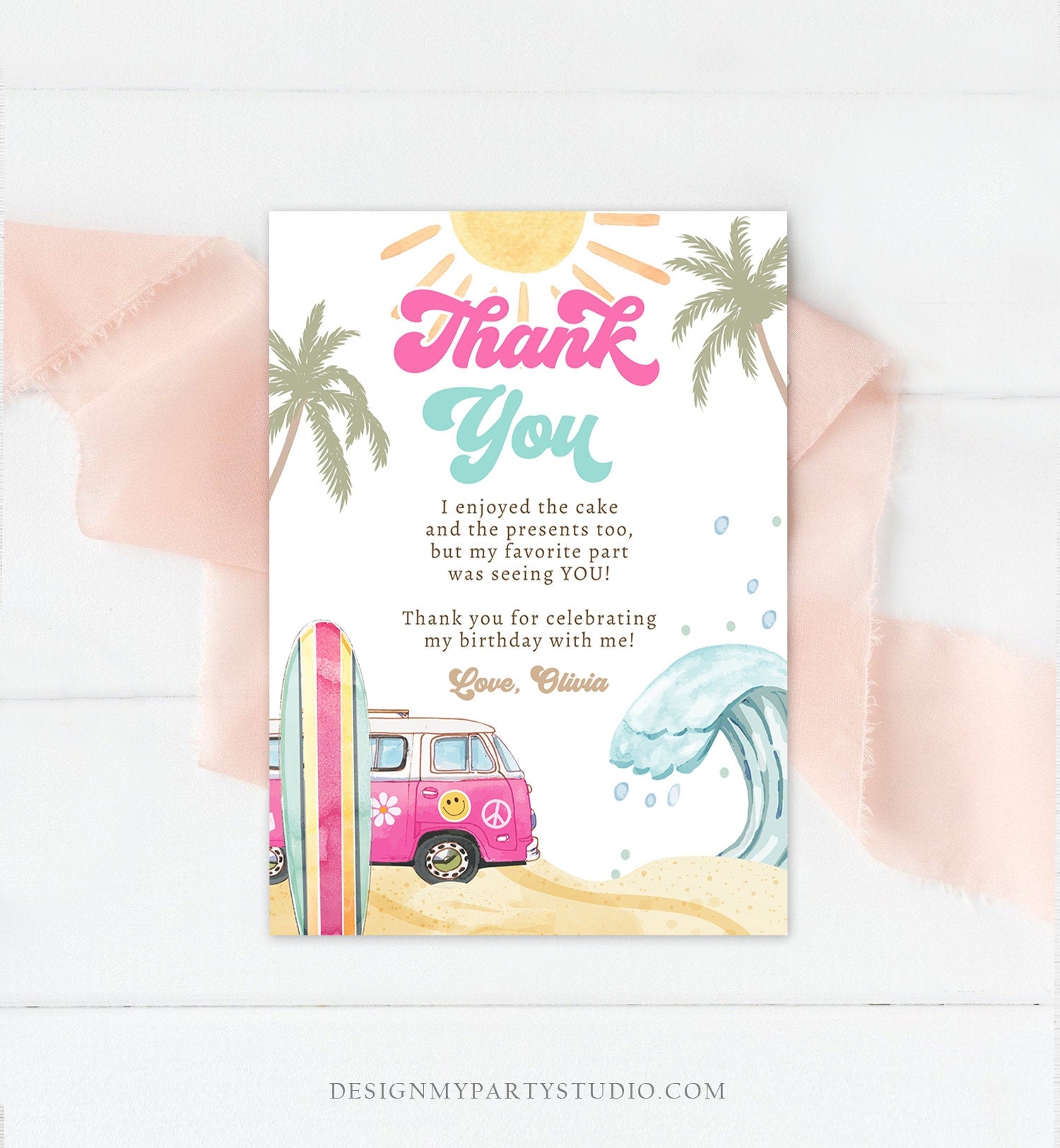 Editable Surf Thank You Card Surfboard 1st Birthday Thank Your Note Retro Girl Beach Party Wave Pink Download Template Corjl Digital 0433