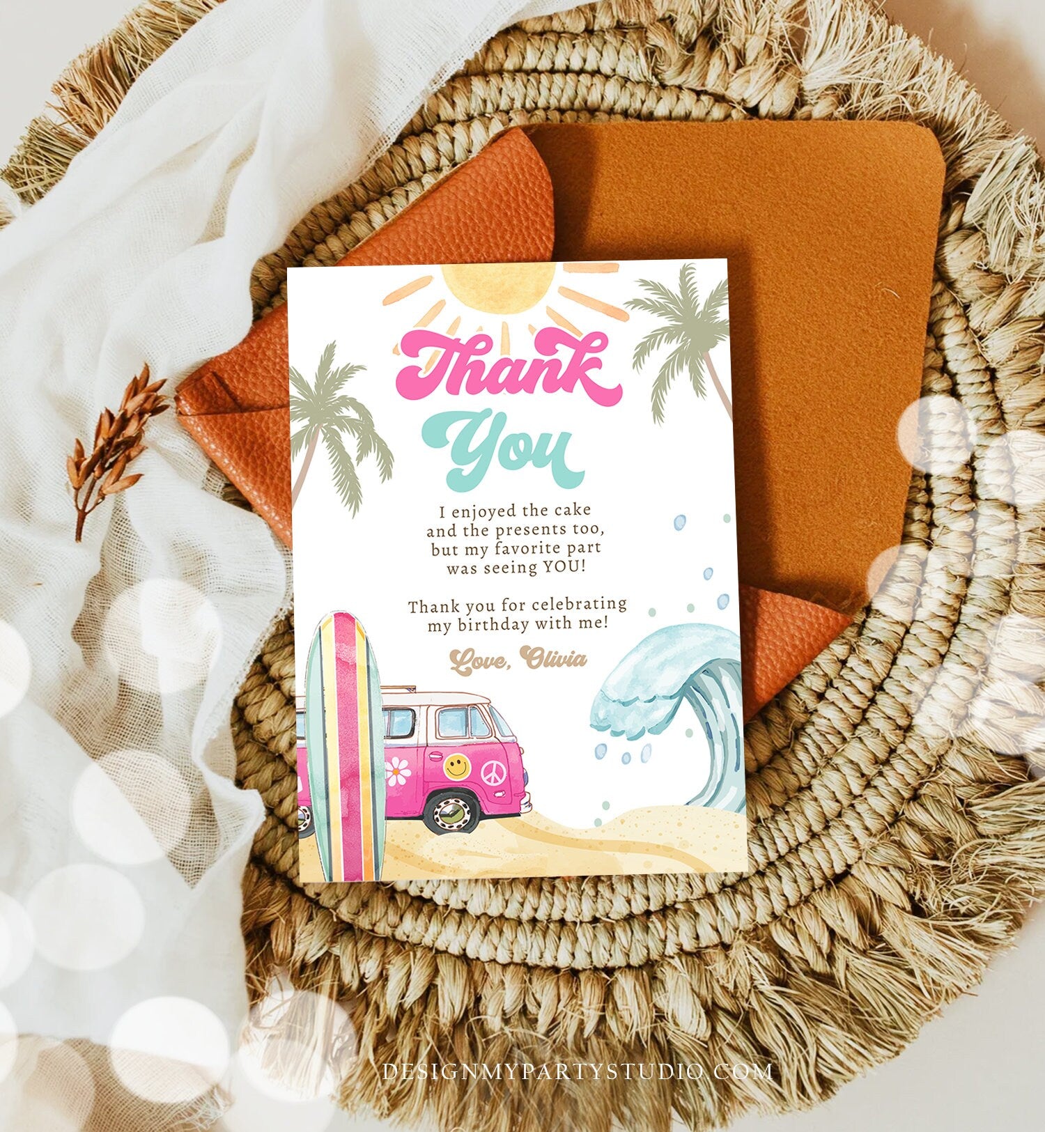Editable Surf Thank You Card Surfboard 1st Birthday Thank Your Note Retro Girl Beach Party Wave Pink Download Template Corjl Digital 0433
