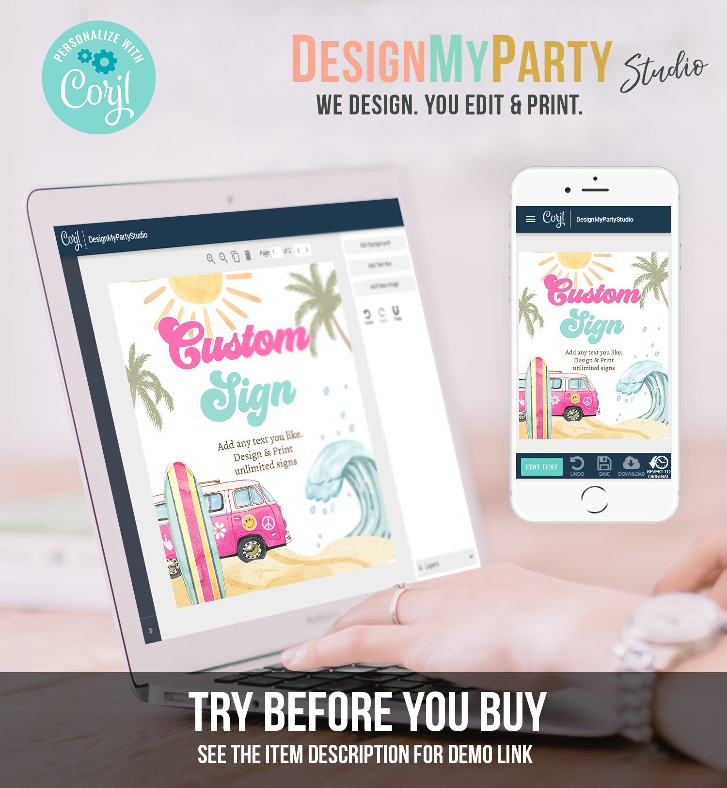 Editable Custom Sign Surf Birthday Party Sign Girl The Big One Surf's Up Birthday Sign Beach Party Retro Wave Template Corjl PRINTABLE 0433