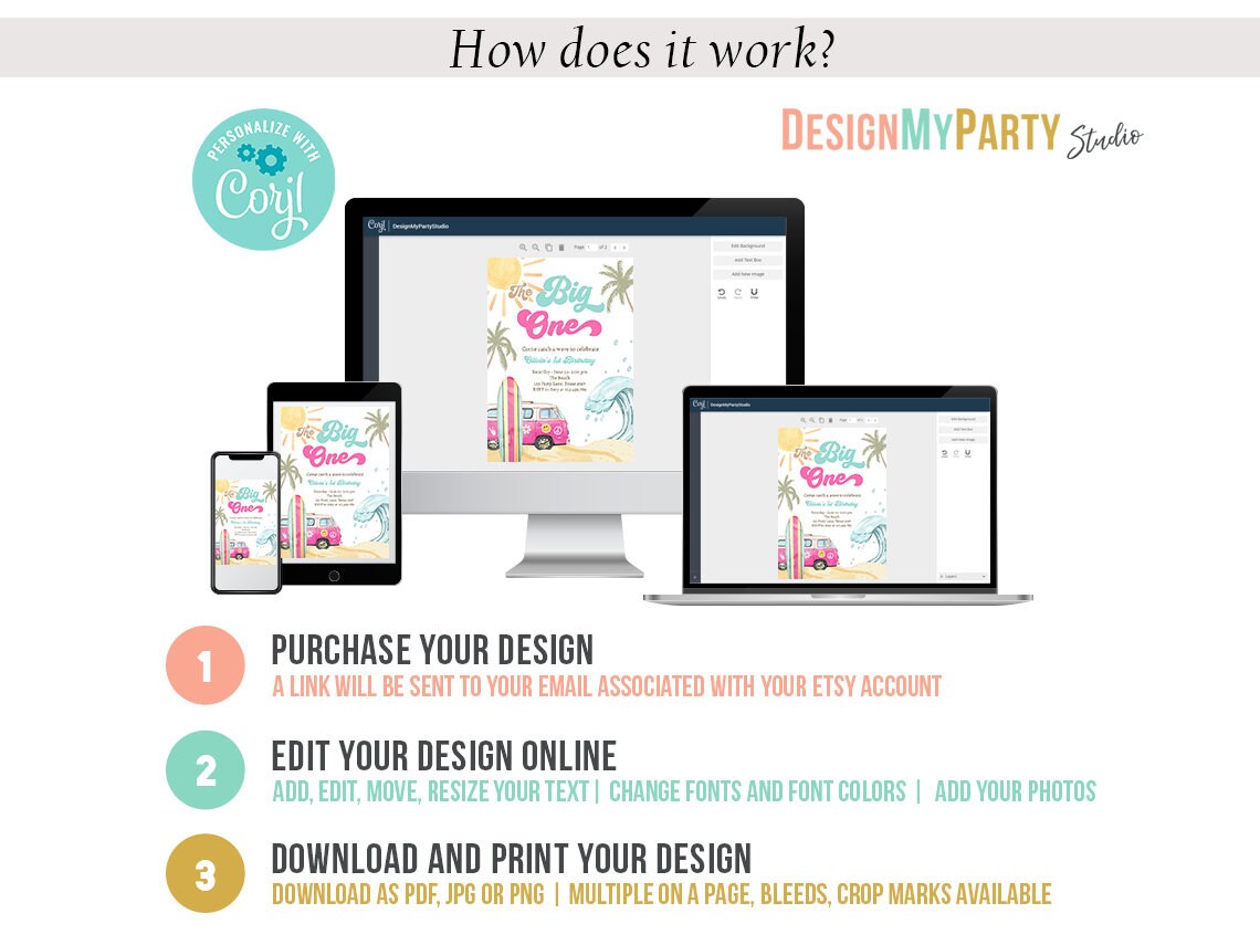 The Big One Surf 1st Birthday Invitation Bundle Girl 1st Surf Birthday Invite Kit Surf Beach Party Package Printable Corjl Template 0433