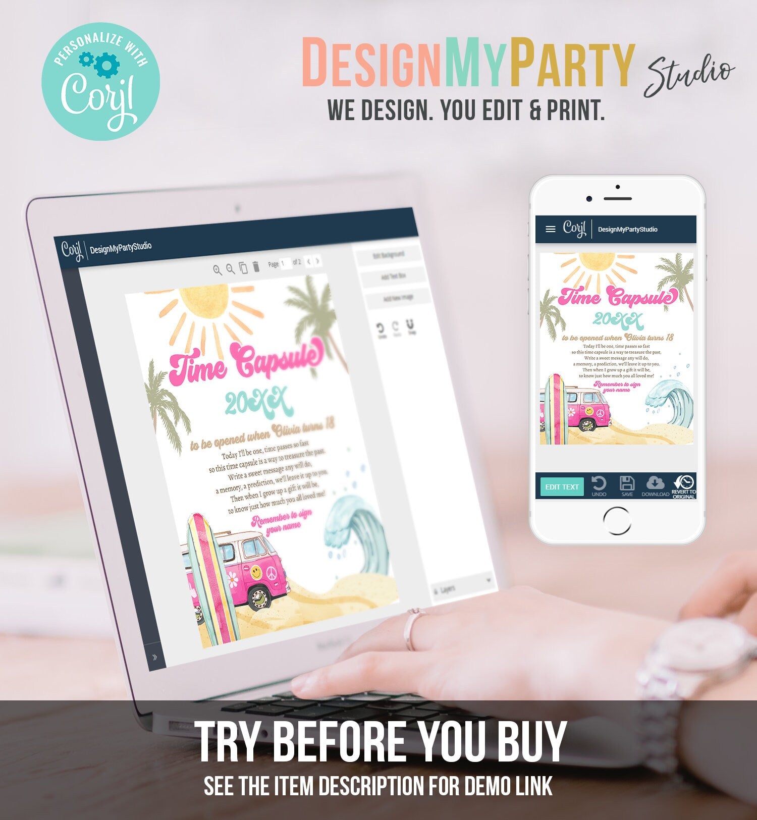 Editable Time Capsule Surf First Birthday Party Surfing Decorations The Big One Girl Pink Beach Wave Retro Template Printable Corjl 0433