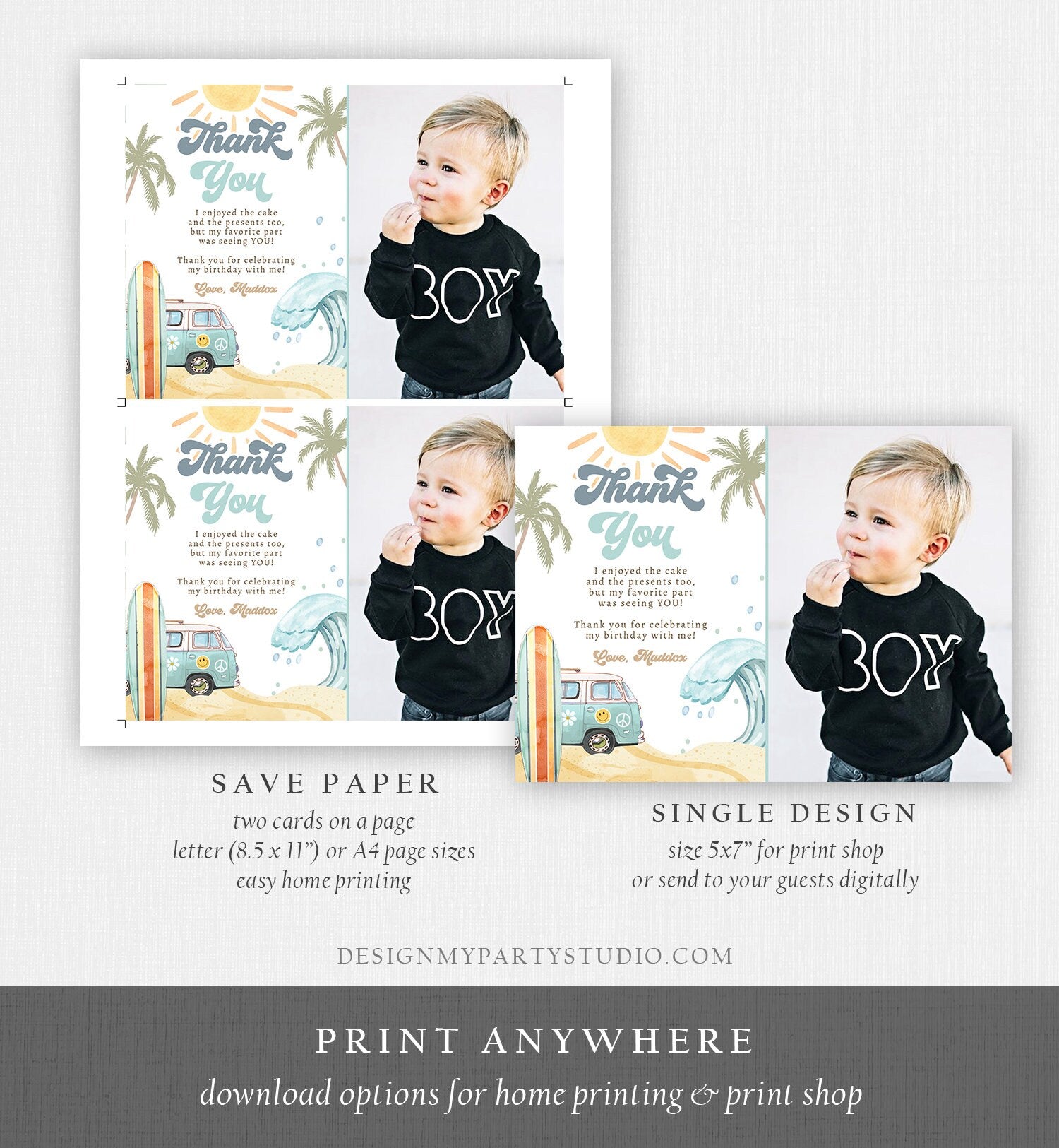 Editable Surf Thank You Card Surfboard 1st Birthday Thank Your Note Retro Boy Beach Party Wave Surfer Download Template Corjl Digital 0433