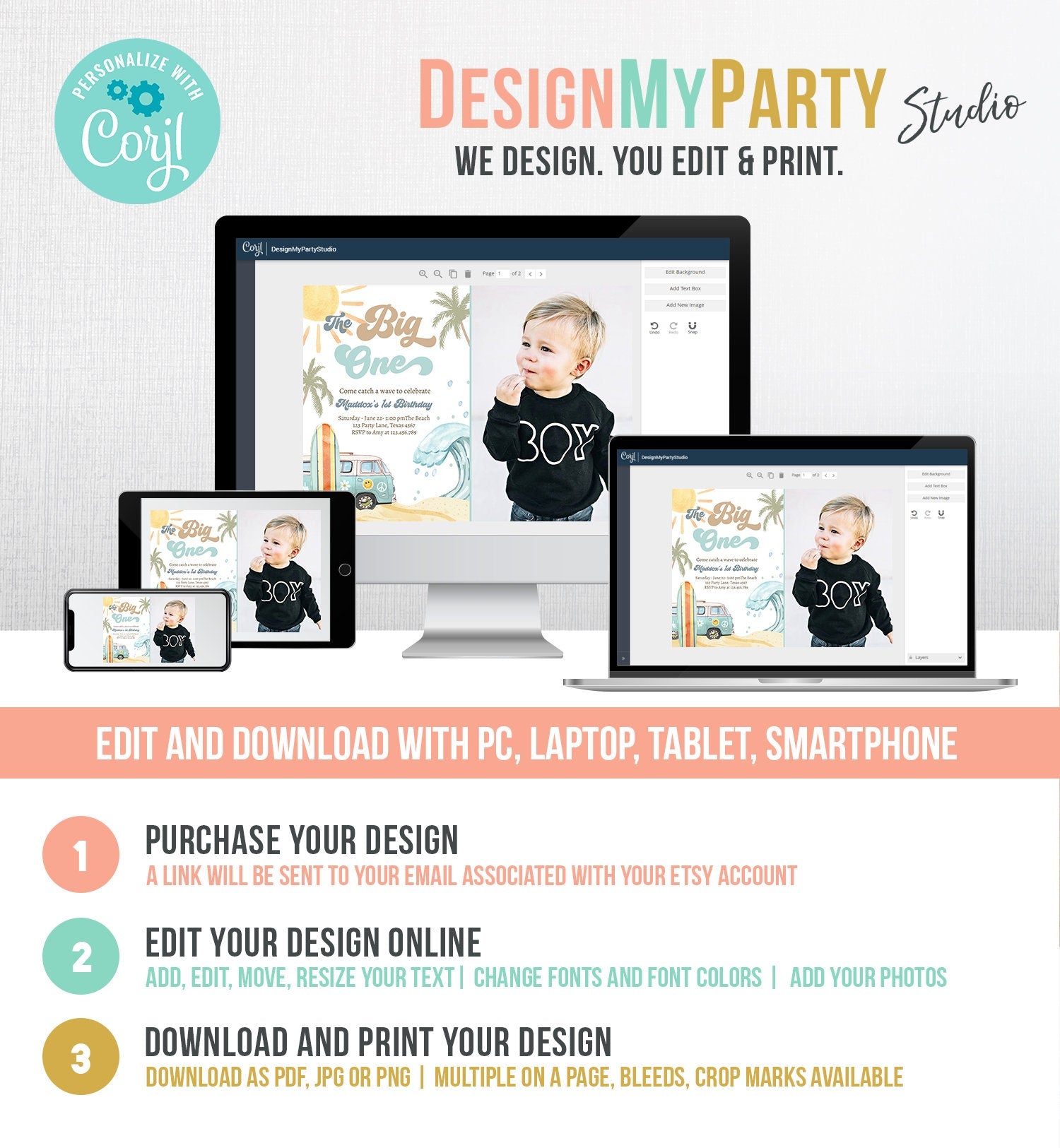 Editable The Big One Surf 1st Birthday Invitation Retro Surfboard Beach Party Wave Surfer Boho Invite Download Template Corjl Digital 0433