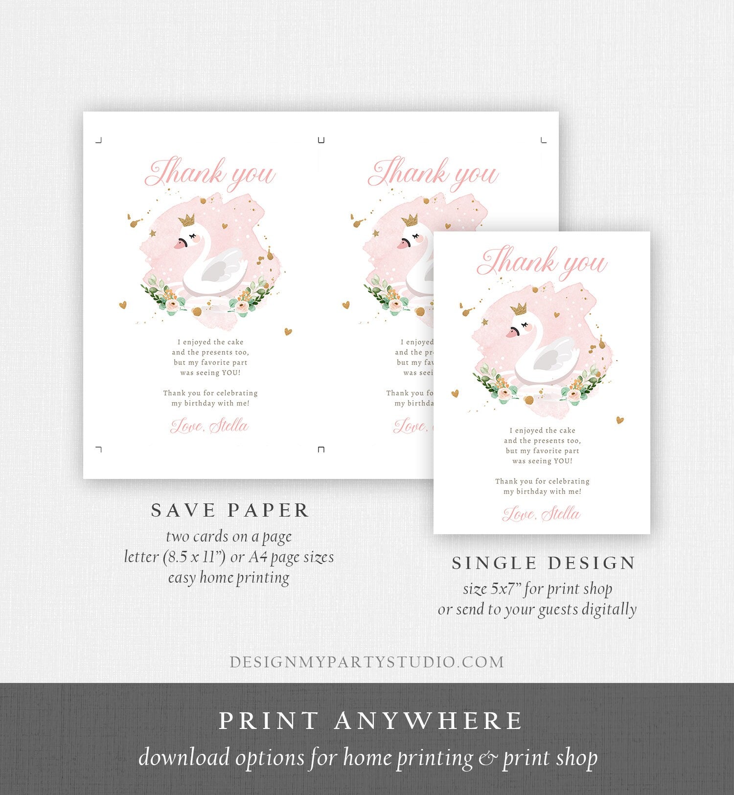 Editable Swan Thank You Card Birthday Party Pink Gold Watercolor Girl Princess 1st 2nd 3rd Baby Shower Digital Corjl Template Printable 0382