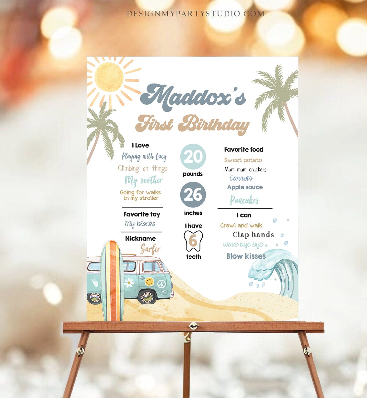 Editable Surf Birthday Milestones Sign Boy Big One Surfs Up Surfing Board Van Retro Beach 1st Party Template Printable Corjl 0433
