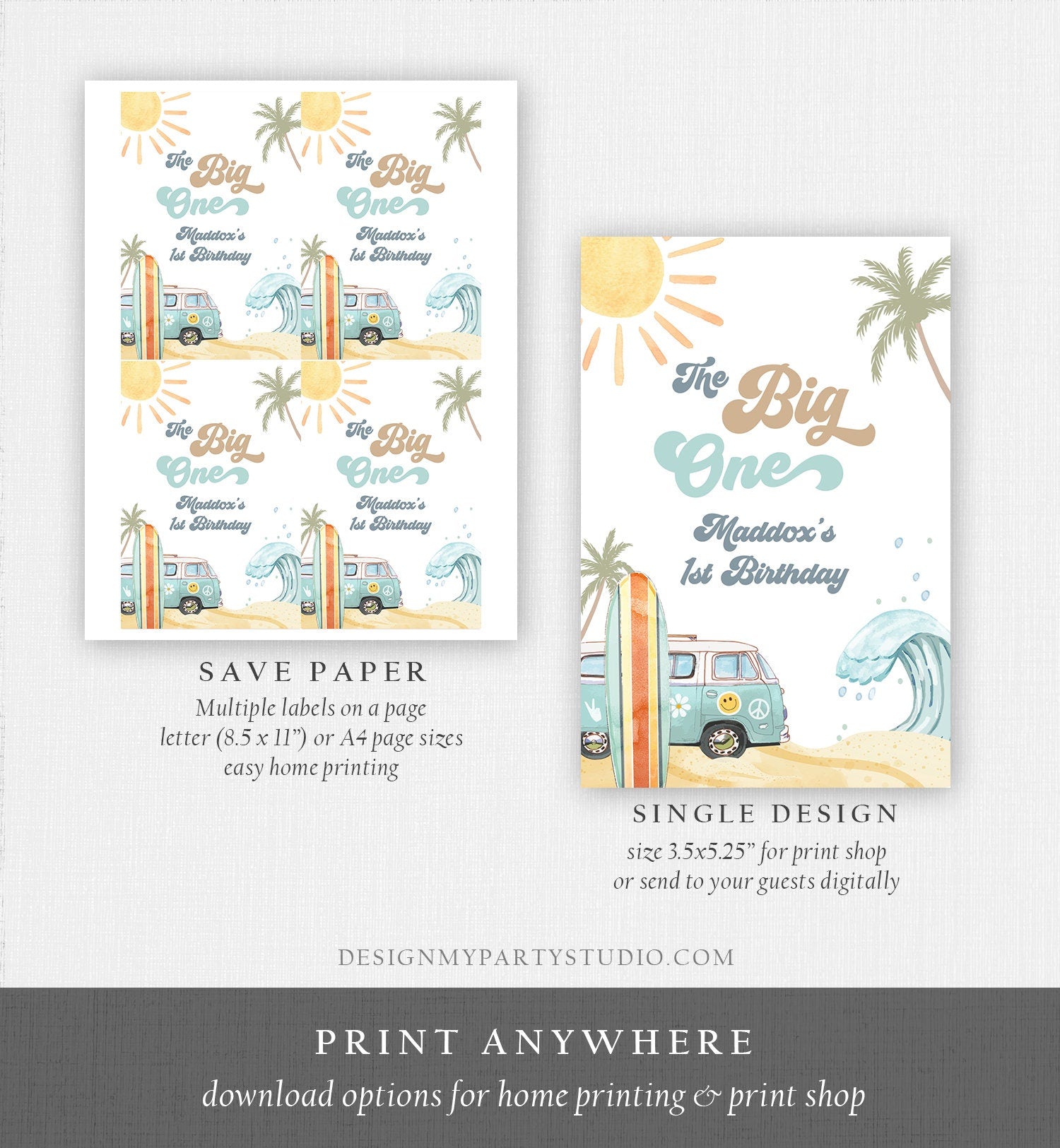 Editable Surf Birthday Capri Sun Labels Juice Pouch Labels Boy Retro The Big One Surfboard Van Download Corjl Template Printable 0433