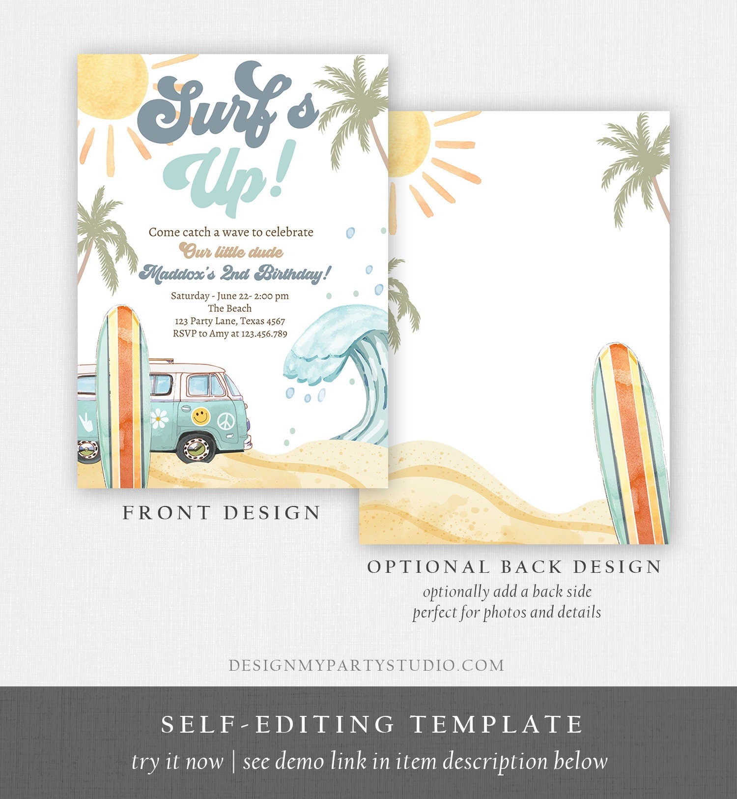 Editable Surf's Up Birthday Party Invitation Retro Surfboard Beach Party Wave Surfer The Big One Invite Download Template Corjl Digital 0433