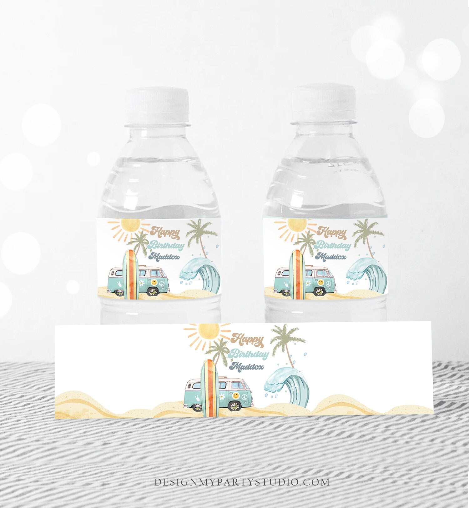 Editable Surf Water Bottle Labels The Big One Party Decor Surf 1st Birthday Retro Boy Surfboard Labels Instant Printable Template Corjl 0433