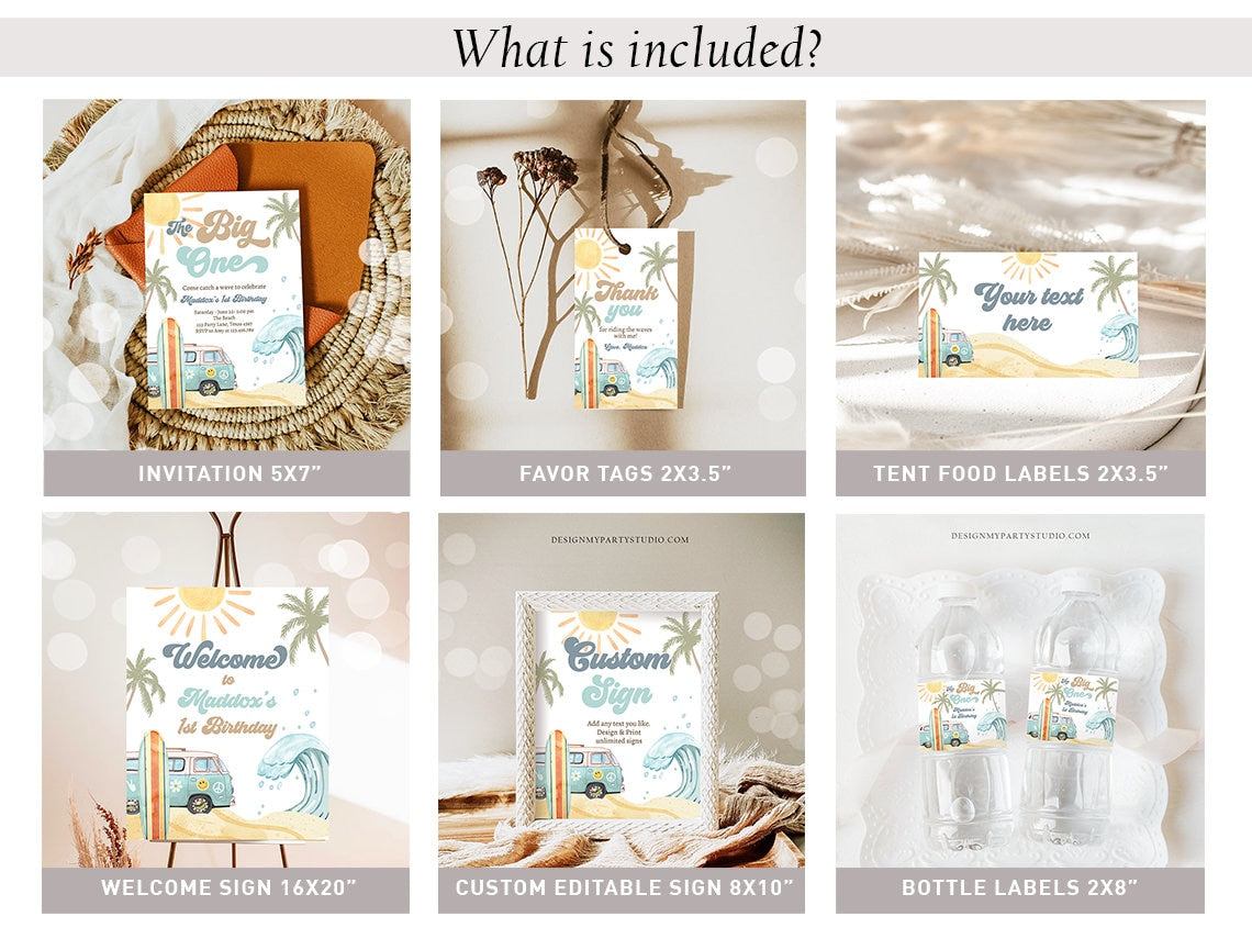 The Big One Surf 1st Birthday Invitation Bundle 1st Surf Birthday Invite Kit Surfboard Beach Party Package Printable Corjl Template 0433