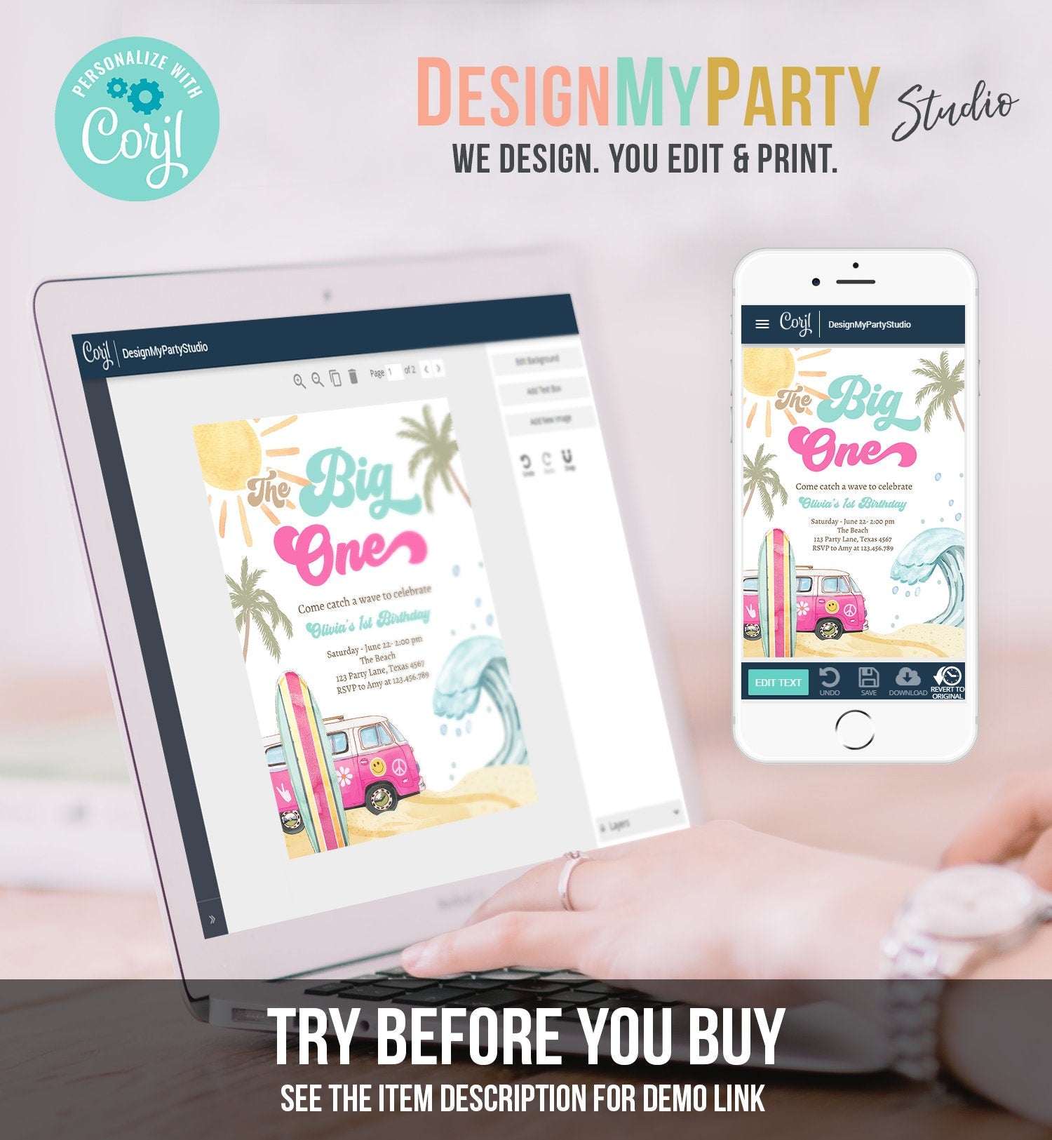 Editable The Big One Surf 1st Birthday Invite Girl Retro Surfboard Beach Party Wave Surfer Boho Invite Download Template Corjl Digital 0433