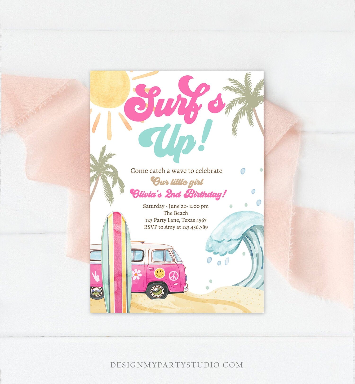 Editable Surf's Up Birthday Party Invitation Retro Surfboard Beach Party Wave Surfer The Big One Invite Download Template Corjl Digital 0433