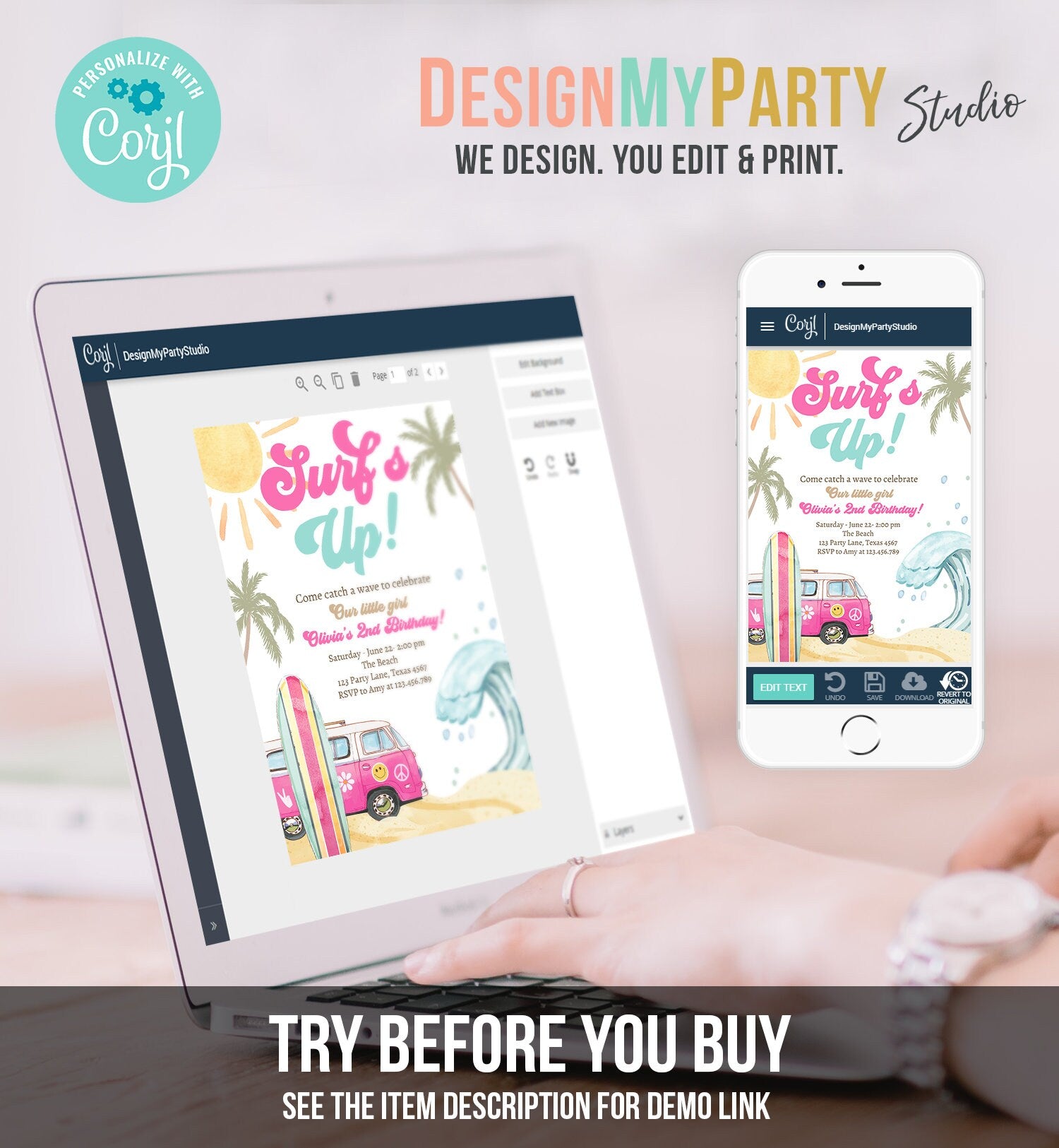 Editable Surf's Up Birthday Party Invitation Retro Surfboard Beach Party Wave Surfer The Big One Invite Download Template Corjl Digital 0433