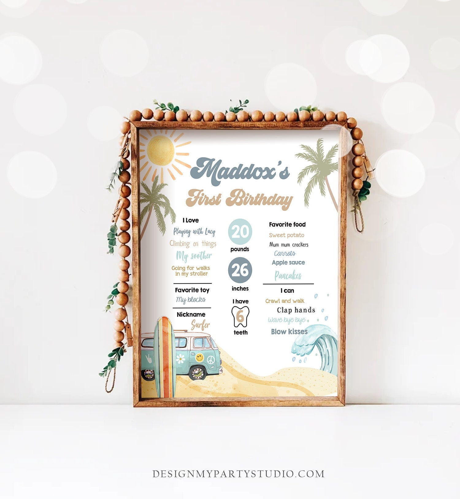 Editable Surf Birthday Milestones Sign Boy Big One Surfs Up Surfing Board Van Retro Beach 1st Party Template Printable Corjl 0433