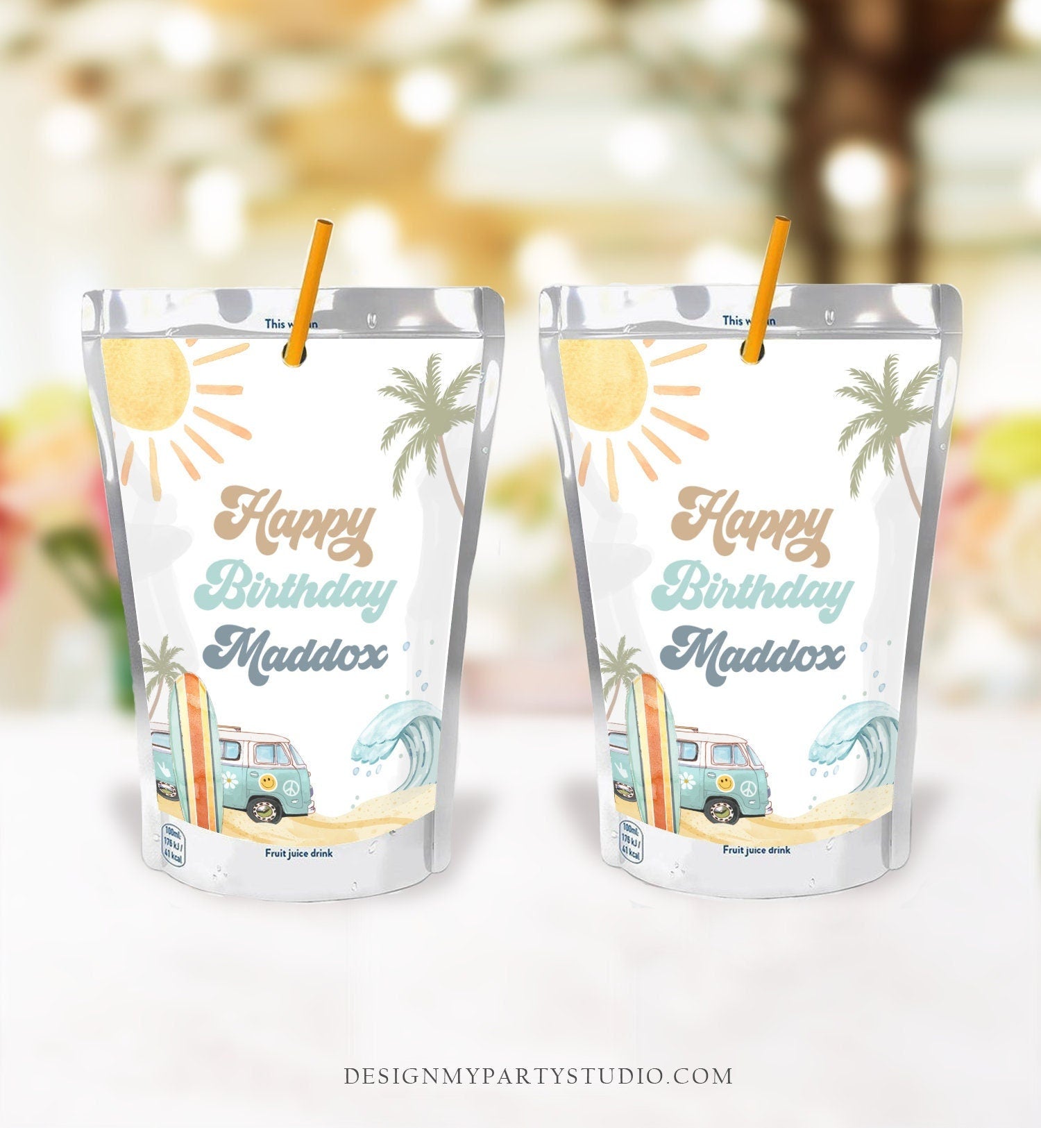 Editable Surf Birthday Capri Sun Labels Juice Pouch Labels Boy Retro The Big One Surfboard Van Download Corjl Template Printable 0433
