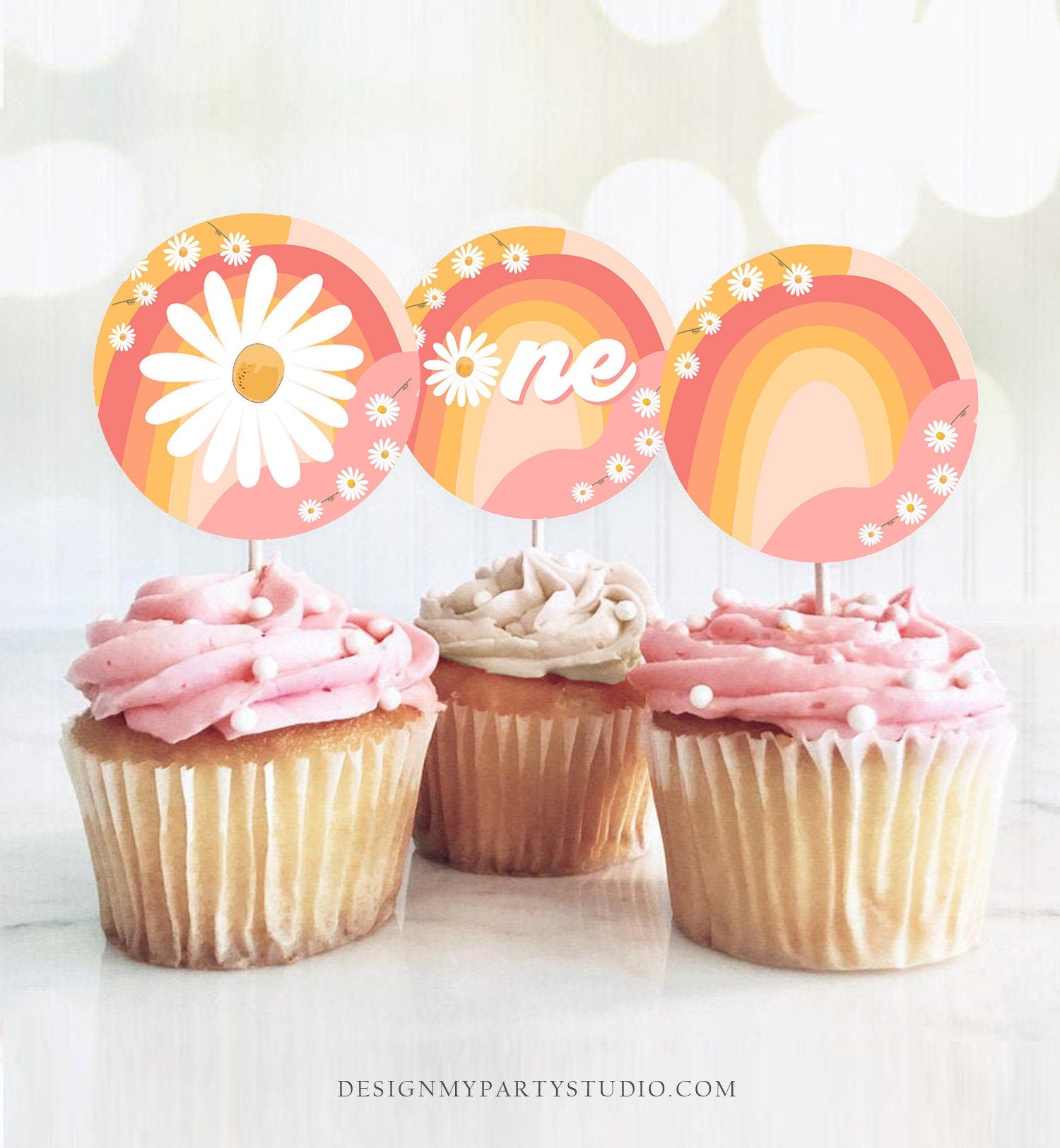 Groovy First Birthday Cupcake Toppers Favor Tags Retro Daisy Birthday Party Decor One Flower Power Festival Download Digital PRINTABLE 0428