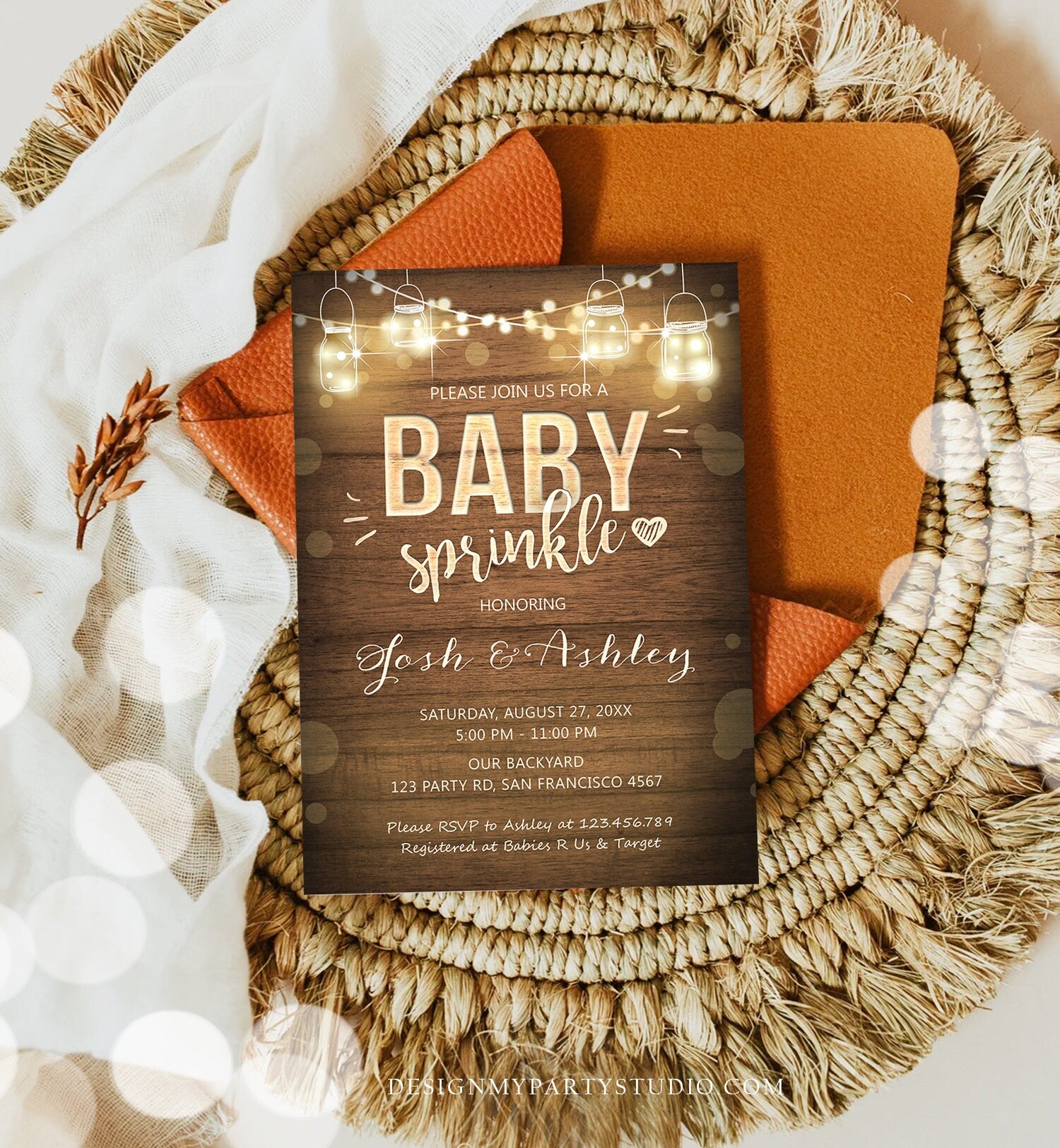 Editable Baby Sprinkle Invitation Rustic Wood Lights Jars Coed Shower Shower BBQ Gender Neutral Download Corjl Template Printable 0015