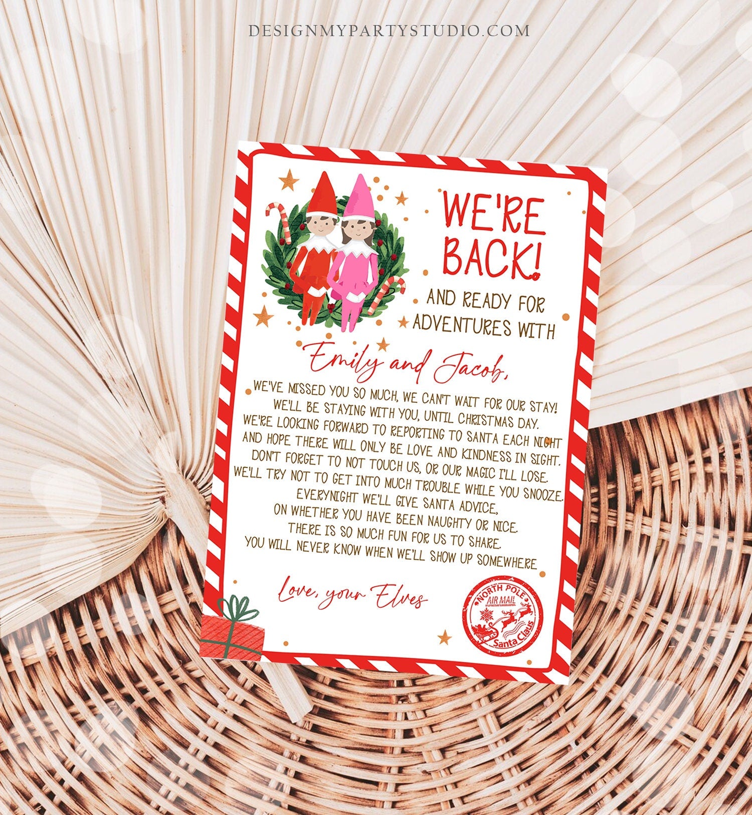 Editable Elf Arrival Letter Return Letter Christmas Elf We're Back Elf Welcome Hello Letter from Elves Boy Girl Pink Printable Template 0358