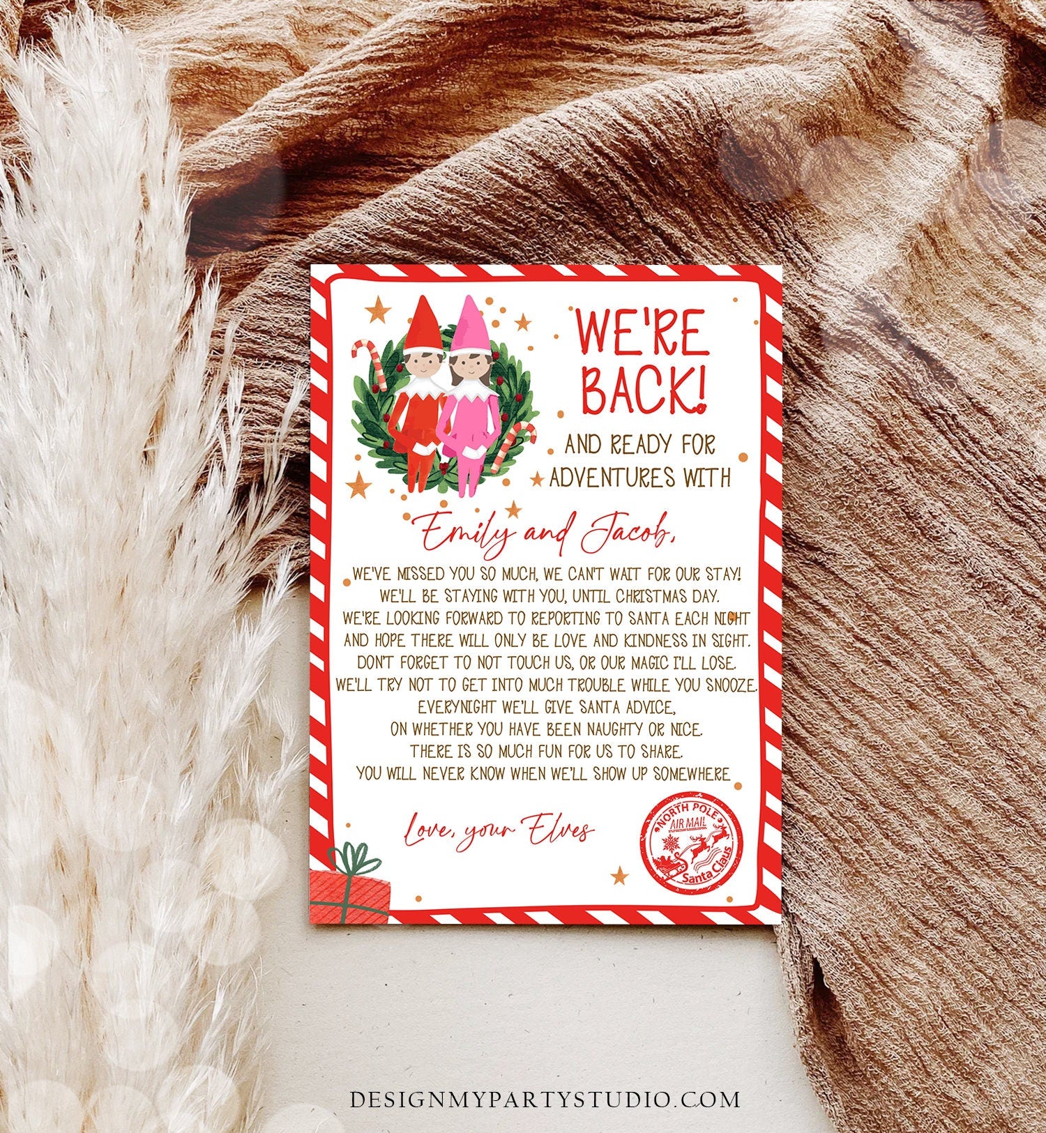 Editable Elf Arrival Letter Return Letter Christmas Elf We're Back Elf Welcome Hello Letter from Elves Boy Girl Pink Printable Template 0358