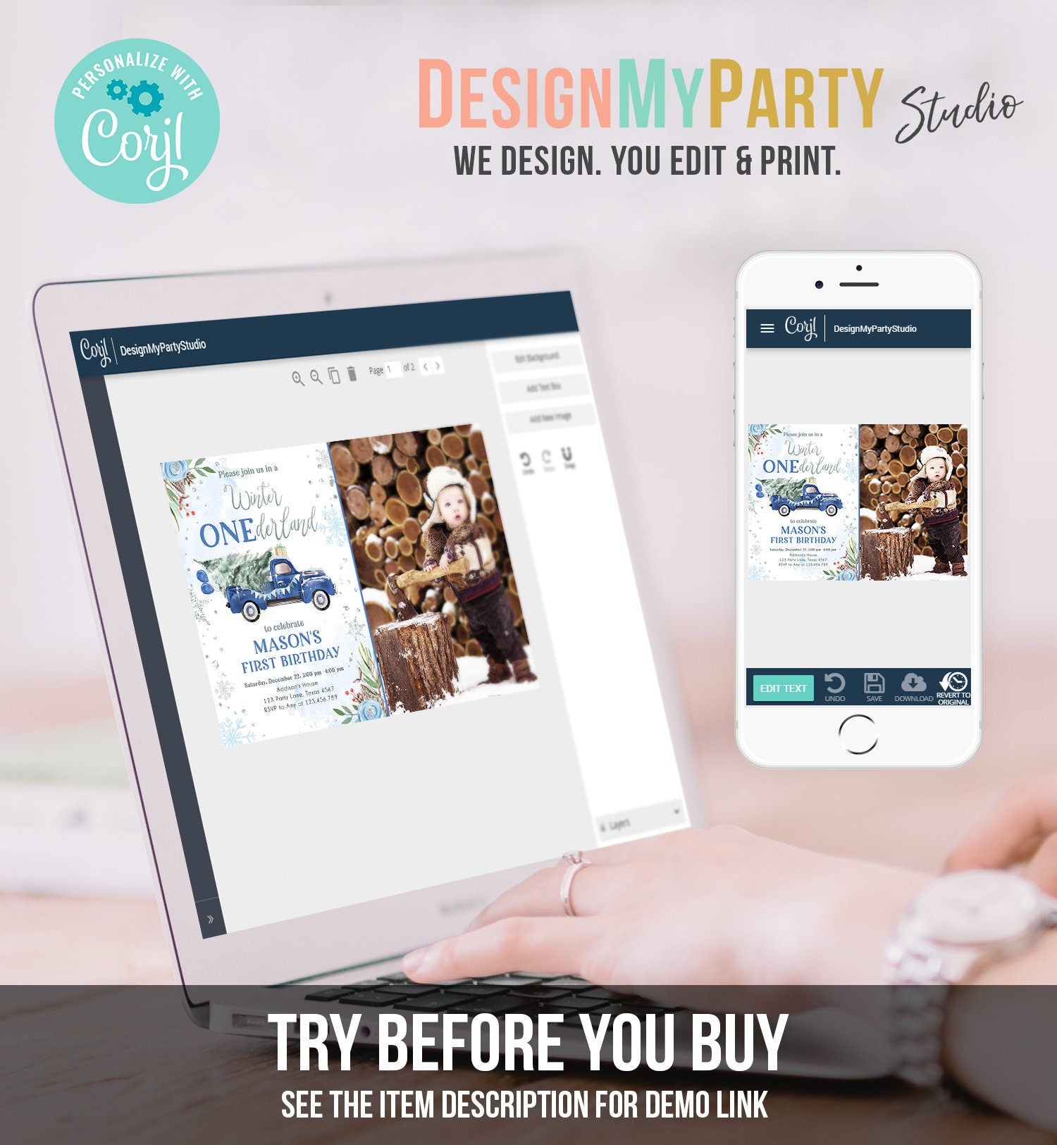 Editable Winter Onederland Winter First Birthday Invitation 1st Winter Blue Boy Silver Floral Truck Christmas Printable Template DIY 0356