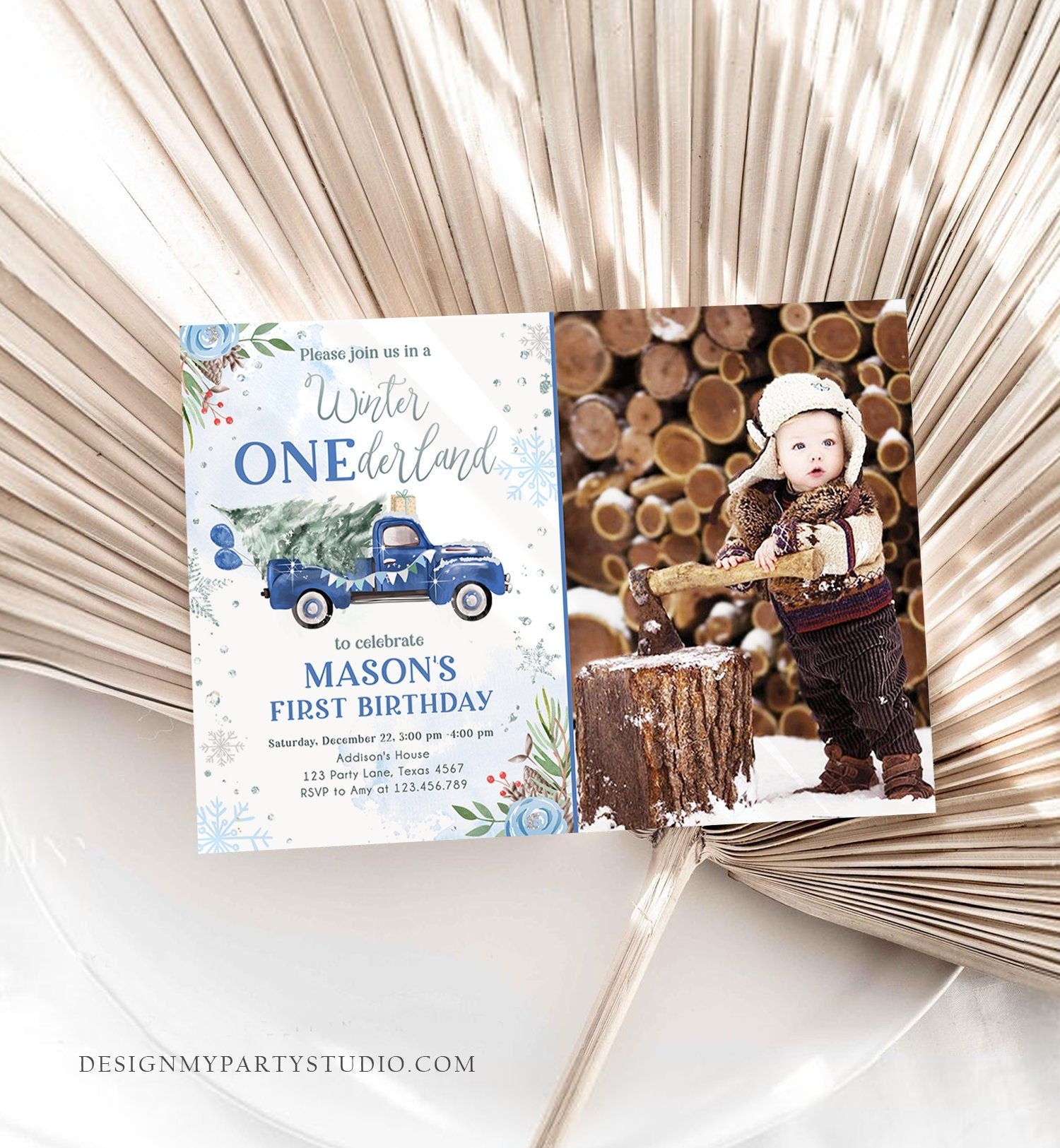 Editable Winter Onederland Winter First Birthday Invitation 1st Winter Blue Boy Silver Floral Truck Christmas Printable Template DIY 0356
