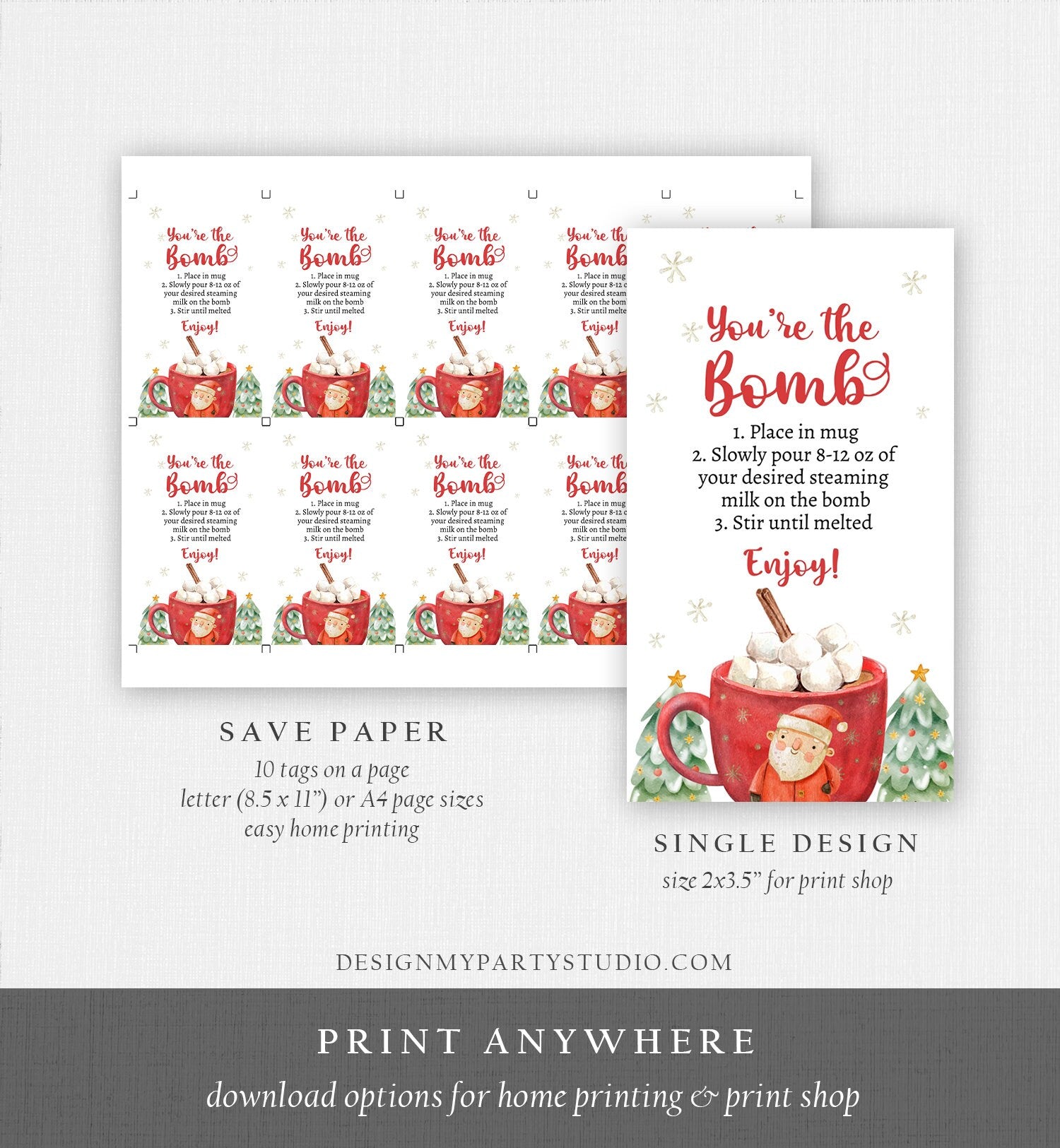 Editable Hot Chocolate Bomb Tags Bomb Instructions Holiday Favor Tags Winter Christmas You're the Bomb Tag Cocoa Digital PRINTABLE 0443 0445