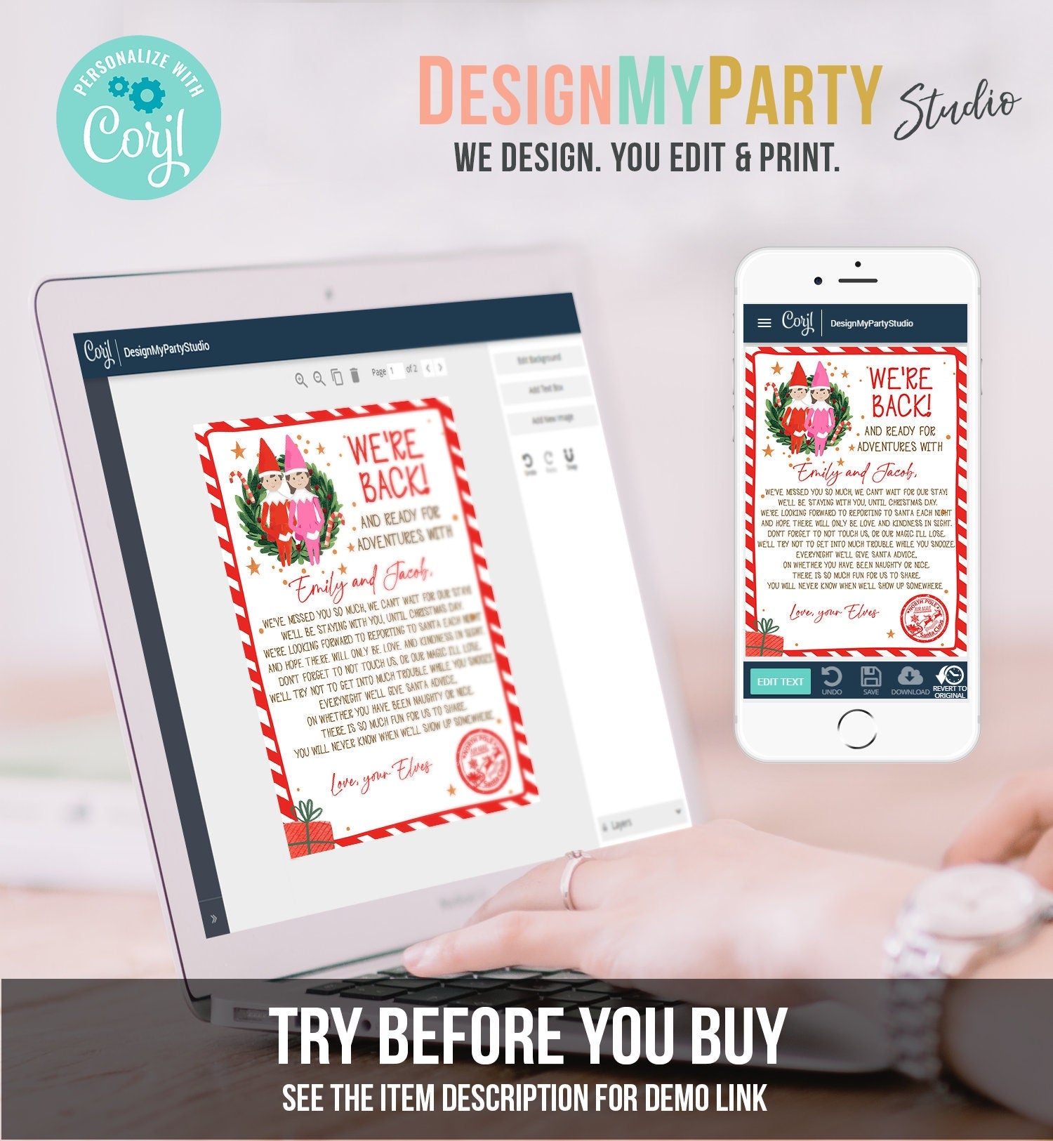 Editable Elf Arrival Letter Return Letter Christmas Elf We're Back Elf Welcome Hello Letter from Elves Boy Girl Pink Printable Template 0358