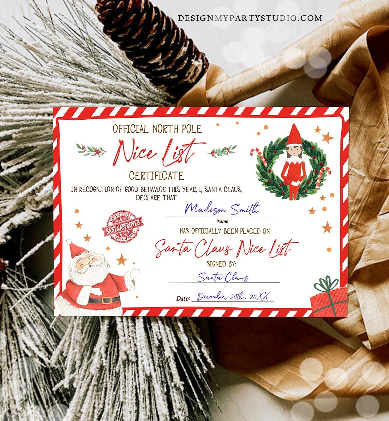 Editable Santa Claus Official Nice List Certificate Elf Girl Letter From Desk Christmas Eve Elves North Pole Corjl Template Printable 0358
