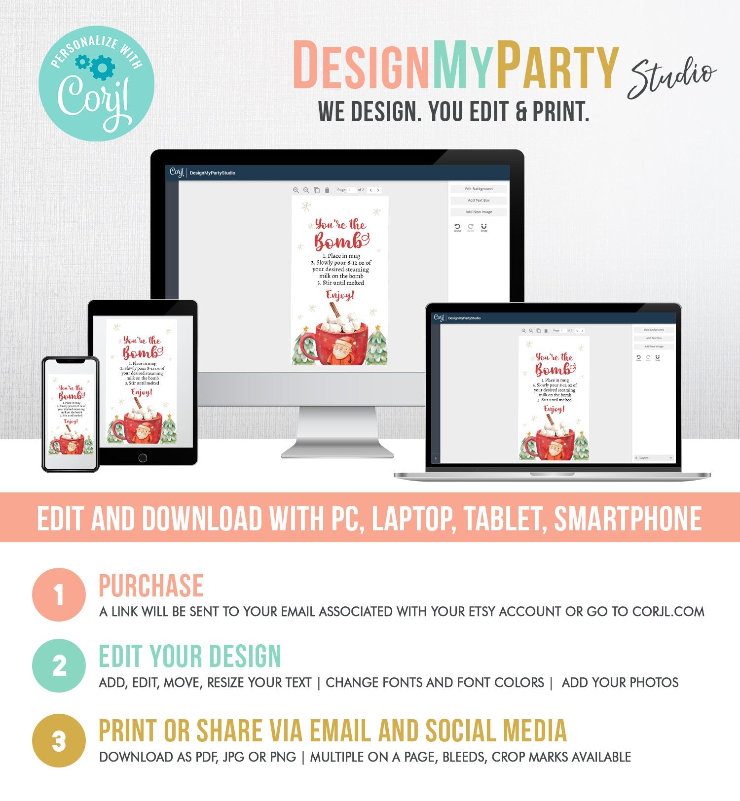 Editable Hot Chocolate Bomb Tags Bomb Instructions Holiday Favor Tags Winter Christmas You're the Bomb Tag Cocoa Digital PRINTABLE 0443 0445