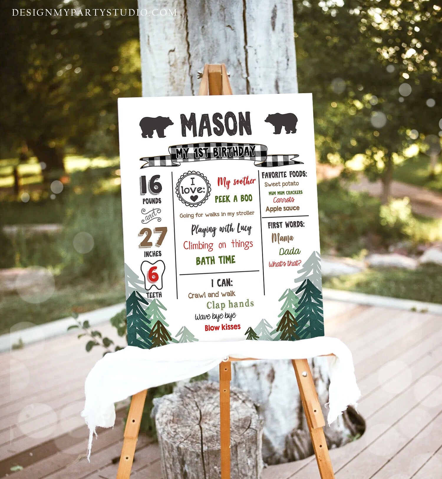 Editable Lumberjack Birthday Milestones Sign Pine Tree Stat Poster Infographic Woodland 1st Birthday Bear Template Printable Corjl 0377