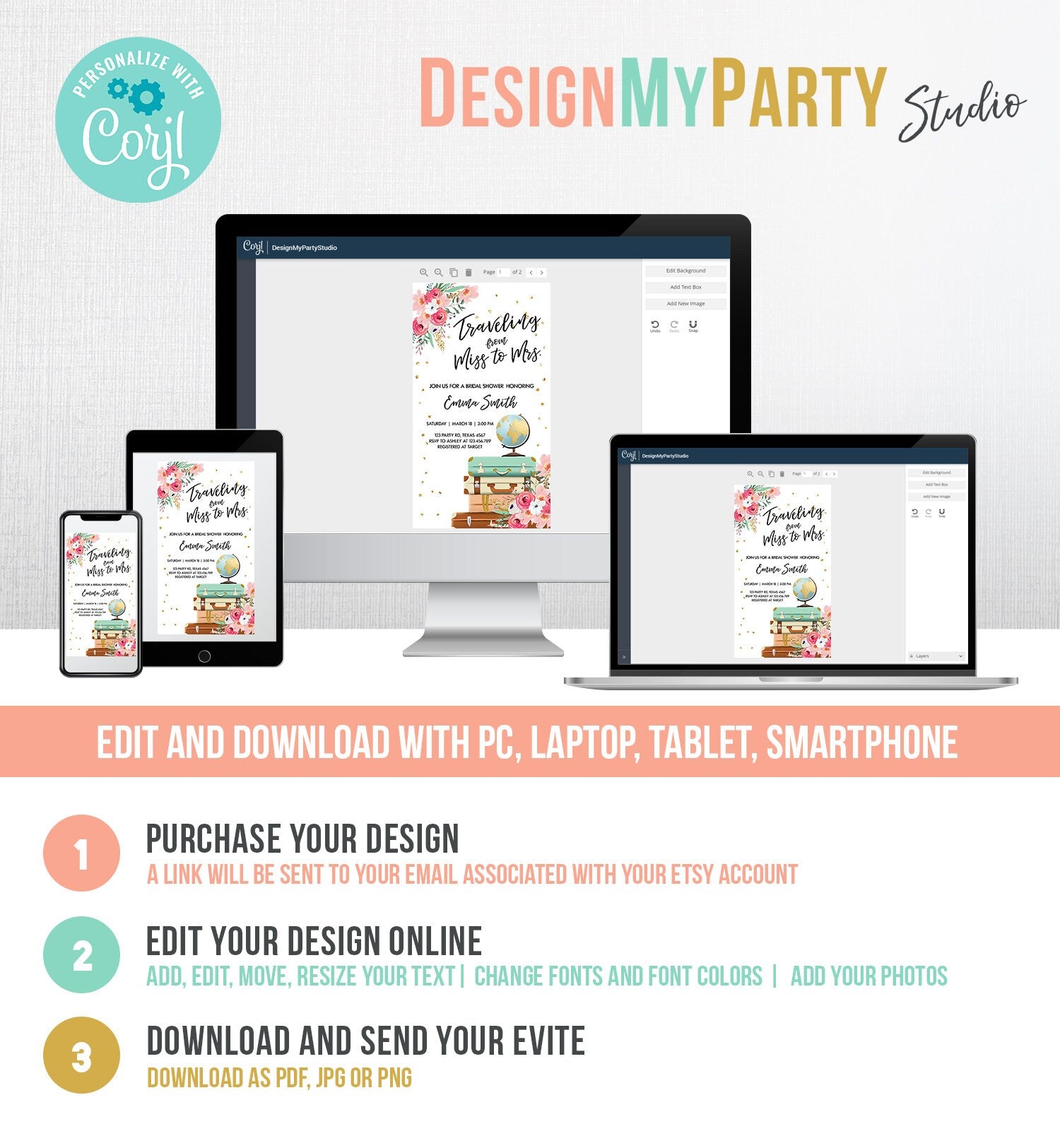 Editable Miss to Mrs Travel Bridal Shower Evite Flowers Globe Suitcase Gold Confetti Traveling Download Phone Invitation Corjl Template 0030