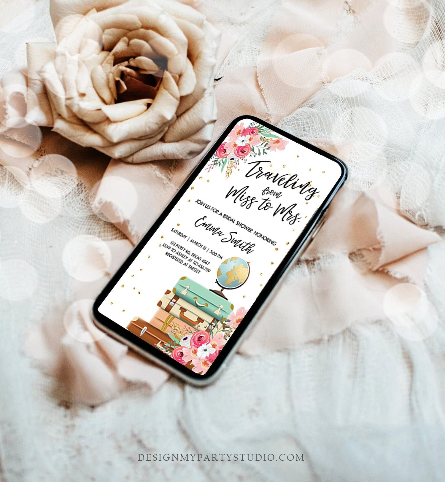 Editable Miss to Mrs Travel Bridal Shower Evite Flowers Globe Suitcase Gold Confetti Traveling Download Phone Invitation Corjl Template 0030