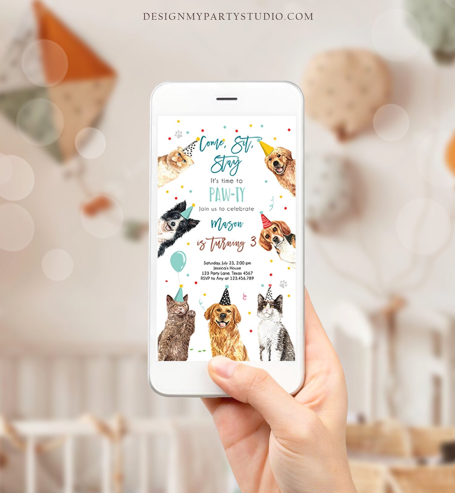 Editable Cats and Dogs Birthday Evite Cat Dog Birthday Party Invite Boy Kitten Puppy Pawty Download Electronic Phone Template Corjl 0384